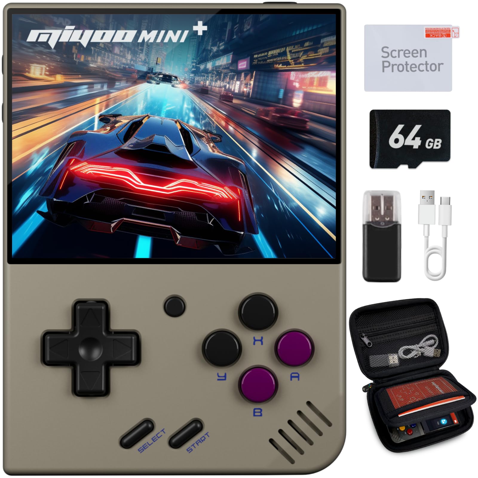 Miyoo Mini Plus Handheld Game Console, with Dedicated Storage Case, 3.5 Inch IPS 640x480 Screen, 64G TF Card with 10,000+ Games, 3000mAh 7+Hours Battery, Support Wireless Network (Purple 64G+Case)