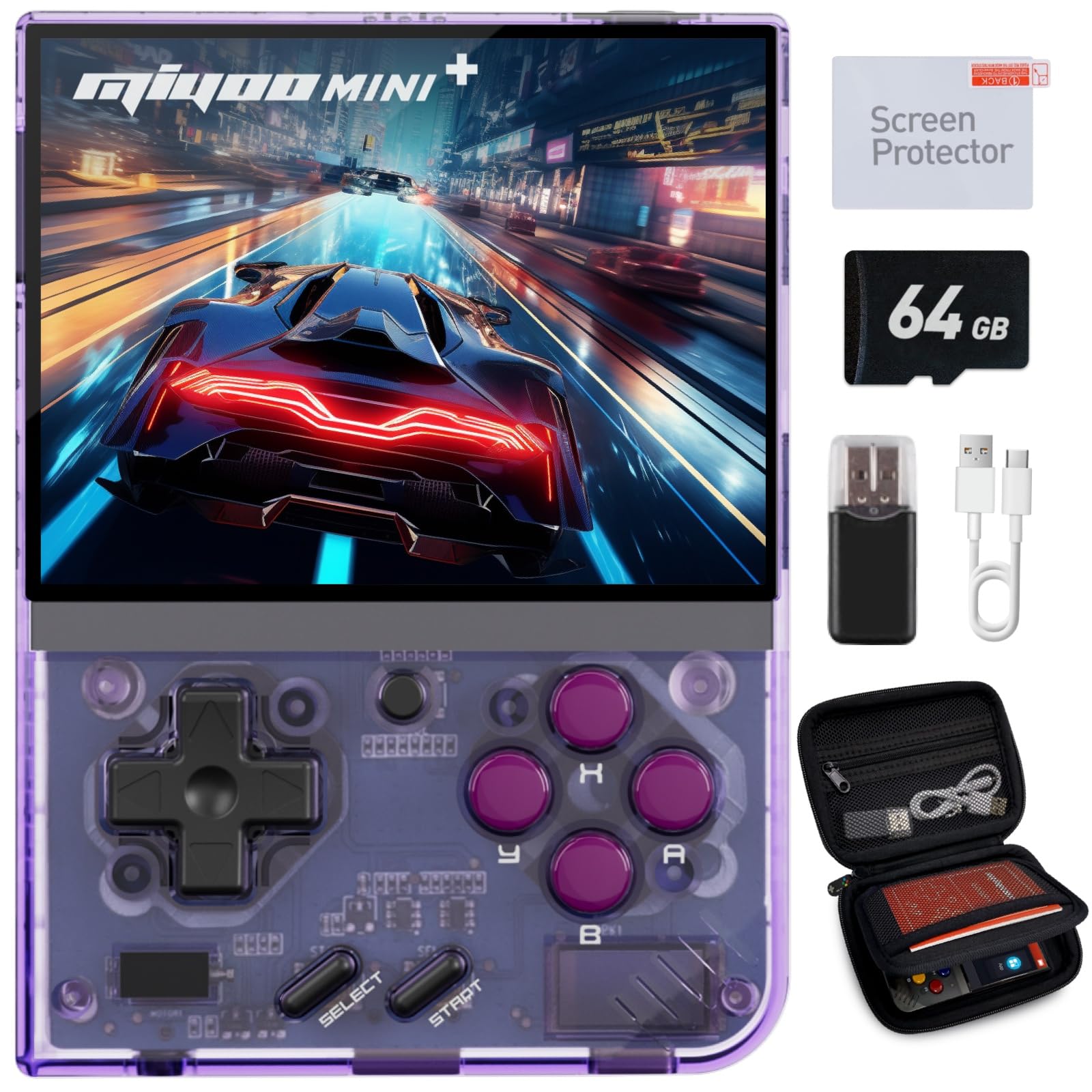 Miyoo Mini Plus Handheld Game Console, with Dedicated Storage Case, 3.5 Inch IPS 640x480 Screen, 64G TF Card with 10,000+ Games, 3000mAh 7+Hours Battery, Support Wireless Network (Purple 64G+Case)