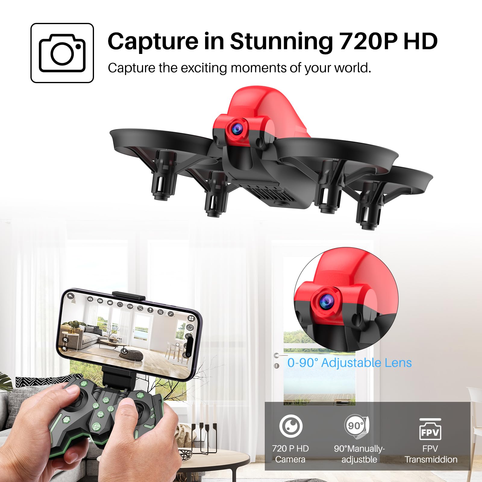 SIMREX X700 Drone with 720 HD Camera, WiFi FPV Live Video, 6-Axis RC Quadcopter, Altitude Hold & Headless Mode, Optical Flow Positioning, One Key Take Off/Land App Control with 360°Flip for Beginners