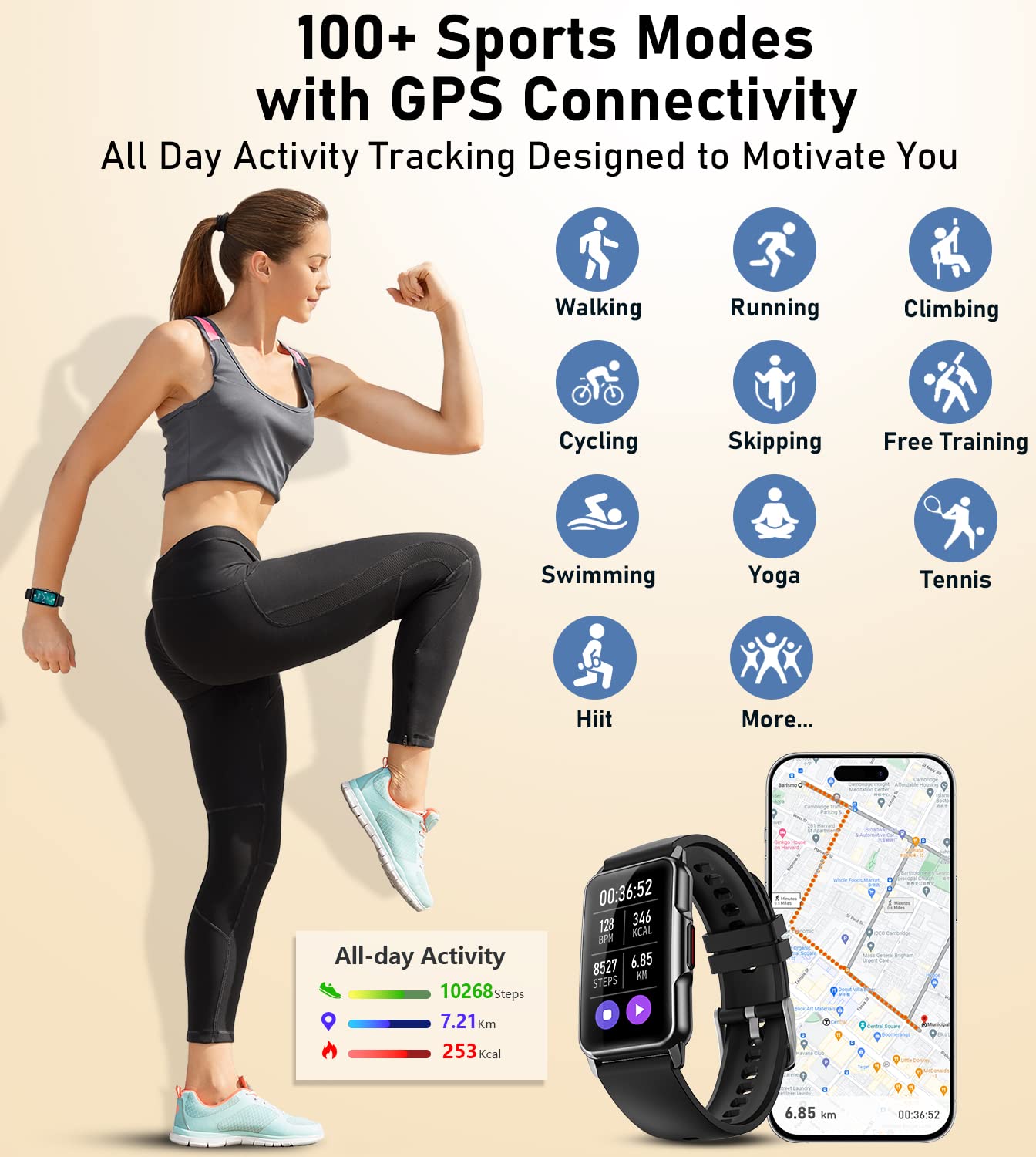 Smart Watch Fitness Tracker with Heart Rate Blood Oxygen Blood Pressure Sleep Monitor 100 Sports Modes Step Calorie Counter Activity Health Trackers IP68 Waterproof for Android Phones iPhone Women Men