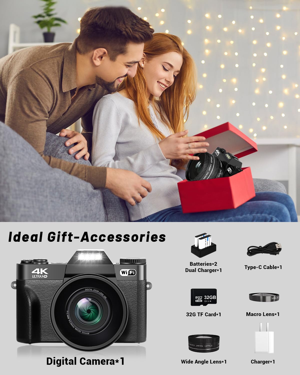 2024 Upgrade 4K Digital Camera for Photography VJIANGER Vlogging Camera with 180° Flip Screen, WiFi 16X Digital Zoom, 52mm Wide Angle & Macro Lens, 2 Batteries, 32GB TF Card(W02-UBlack)