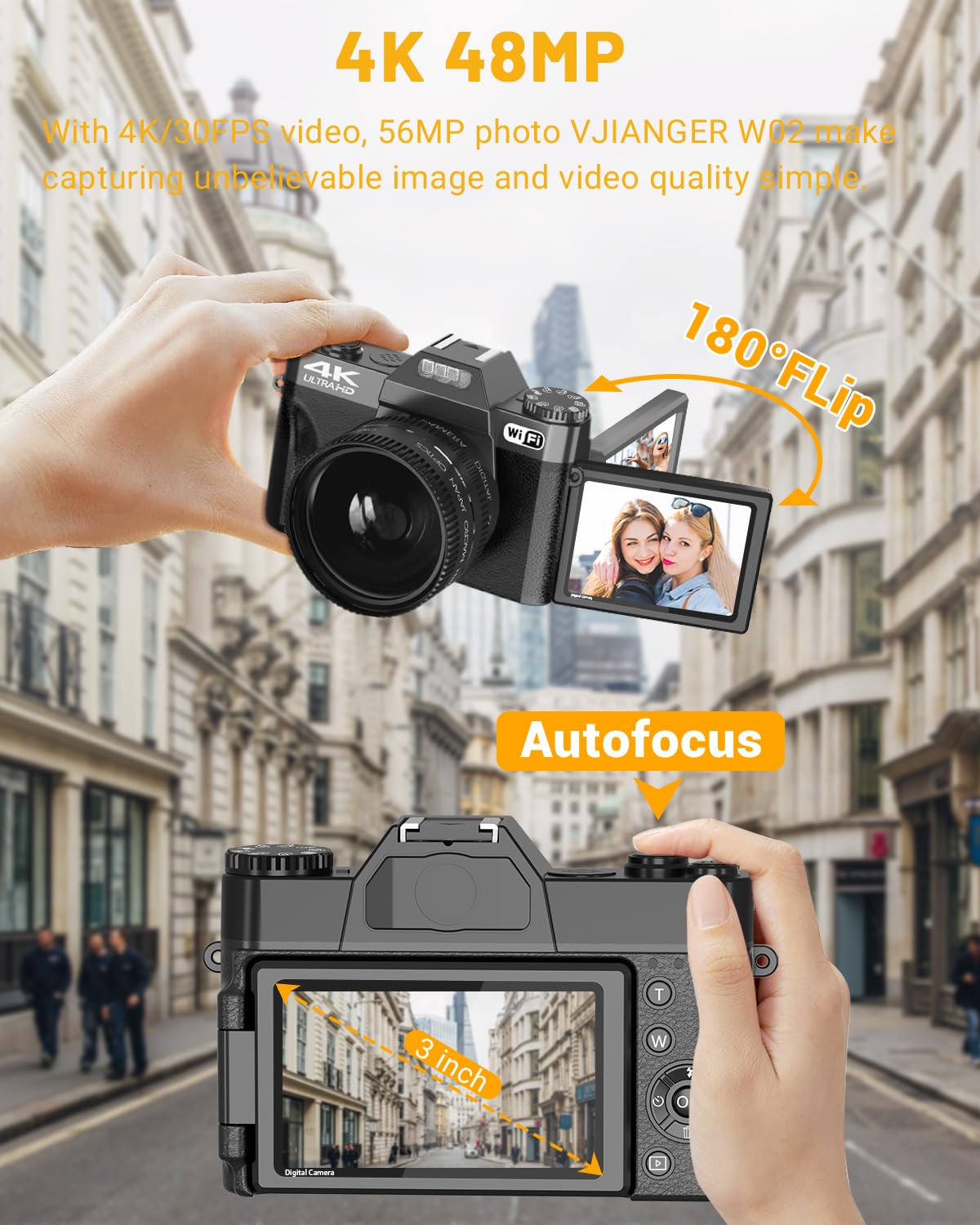 2024 Upgrade 4K Digital Camera for Photography VJIANGER Vlogging Camera with 180° Flip Screen, WiFi 16X Digital Zoom, 52mm Wide Angle & Macro Lens, 2 Batteries, 32GB TF Card(W02-UBlack)