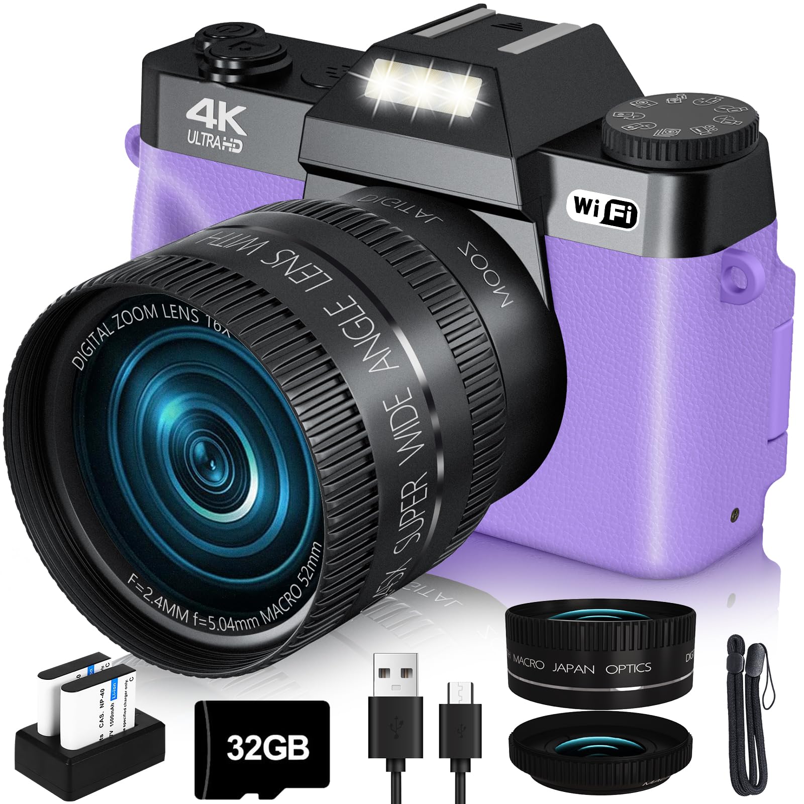 2024 Upgrade 4K Digital Camera for Photography VJIANGER Vlogging Camera with 180° Flip Screen, WiFi 16X Digital Zoom, 52mm Wide Angle & Macro Lens, 2 Batteries, 32GB TF Card(W02-UBlack)