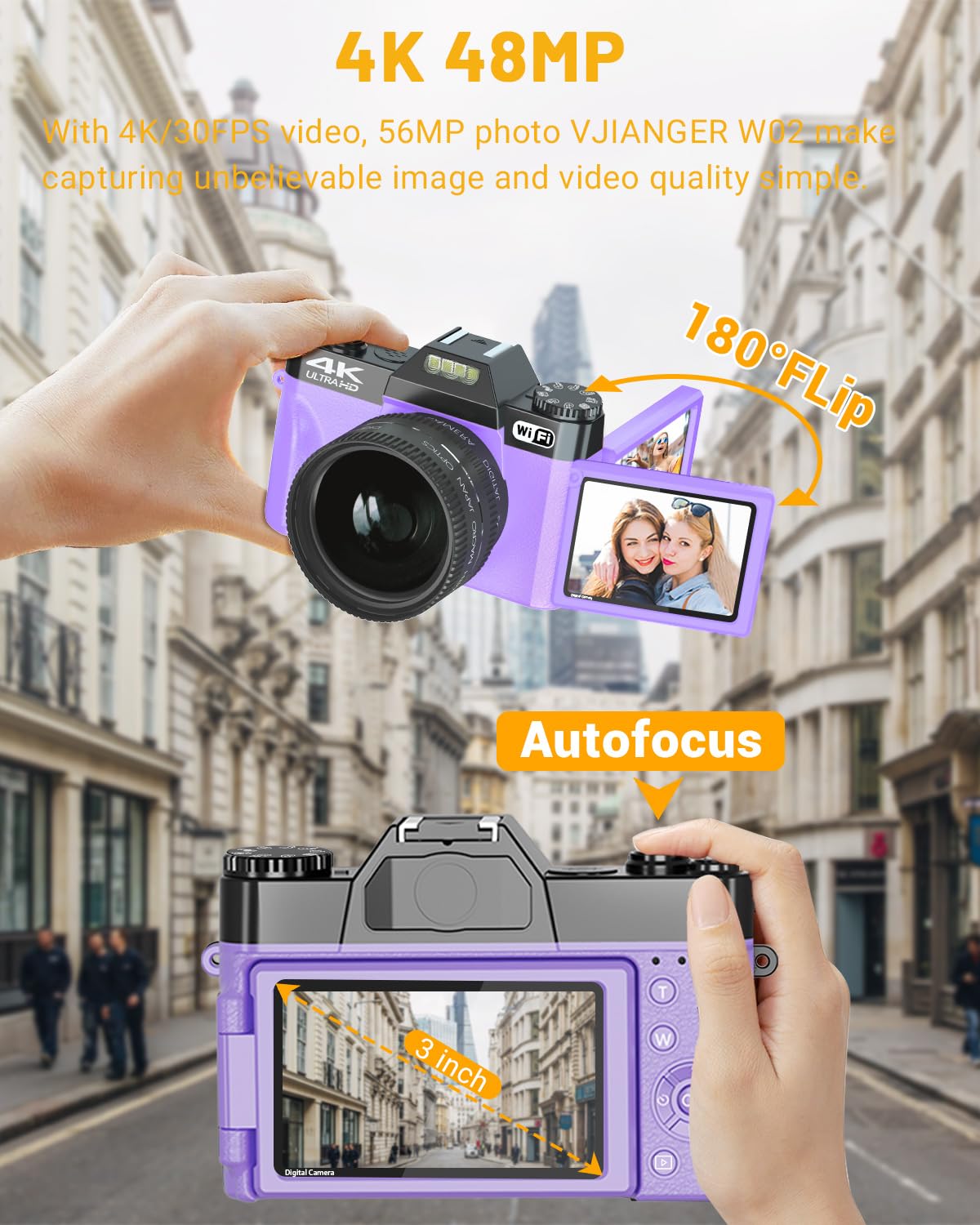 2024 Upgrade 4K Digital Camera for Photography VJIANGER Vlogging Camera with 180° Flip Screen, WiFi 16X Digital Zoom, 52mm Wide Angle & Macro Lens, 2 Batteries, 32GB TF Card(W02-UBlack)