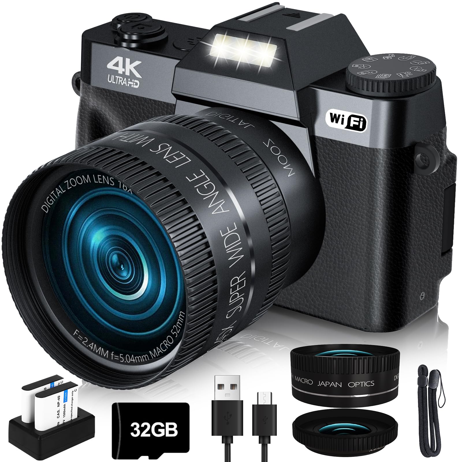 2024 Upgrade 4K Digital Camera for Photography VJIANGER Vlogging Camera with 180° Flip Screen, WiFi 16X Digital Zoom, 52mm Wide Angle & Macro Lens, 2 Batteries, 32GB TF Card(W02-UBlack)