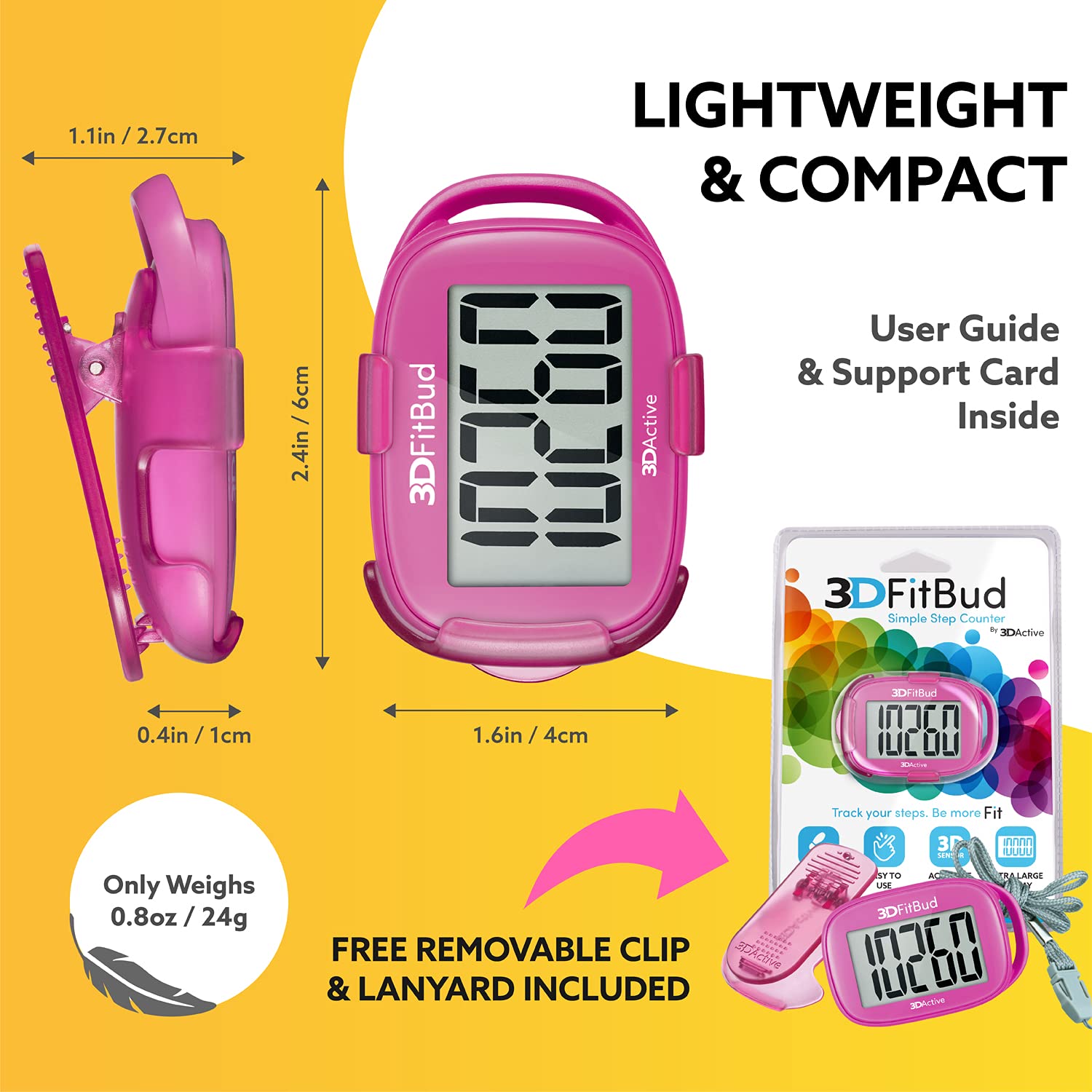 3DFitBud Simple Step Counter Walking 3D Pedometer with Clip and Lanyard, A420S