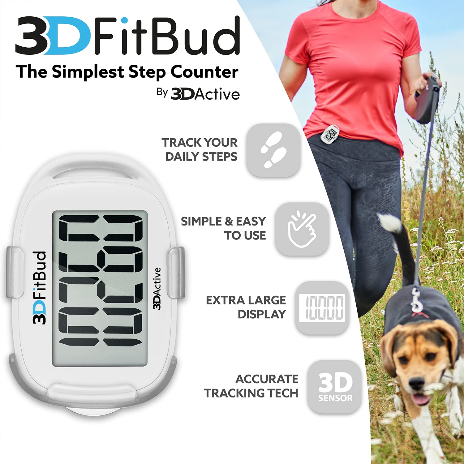 3DFitBud Simple Step Counter Walking 3D Pedometer with Clip and Lanyard, A420S