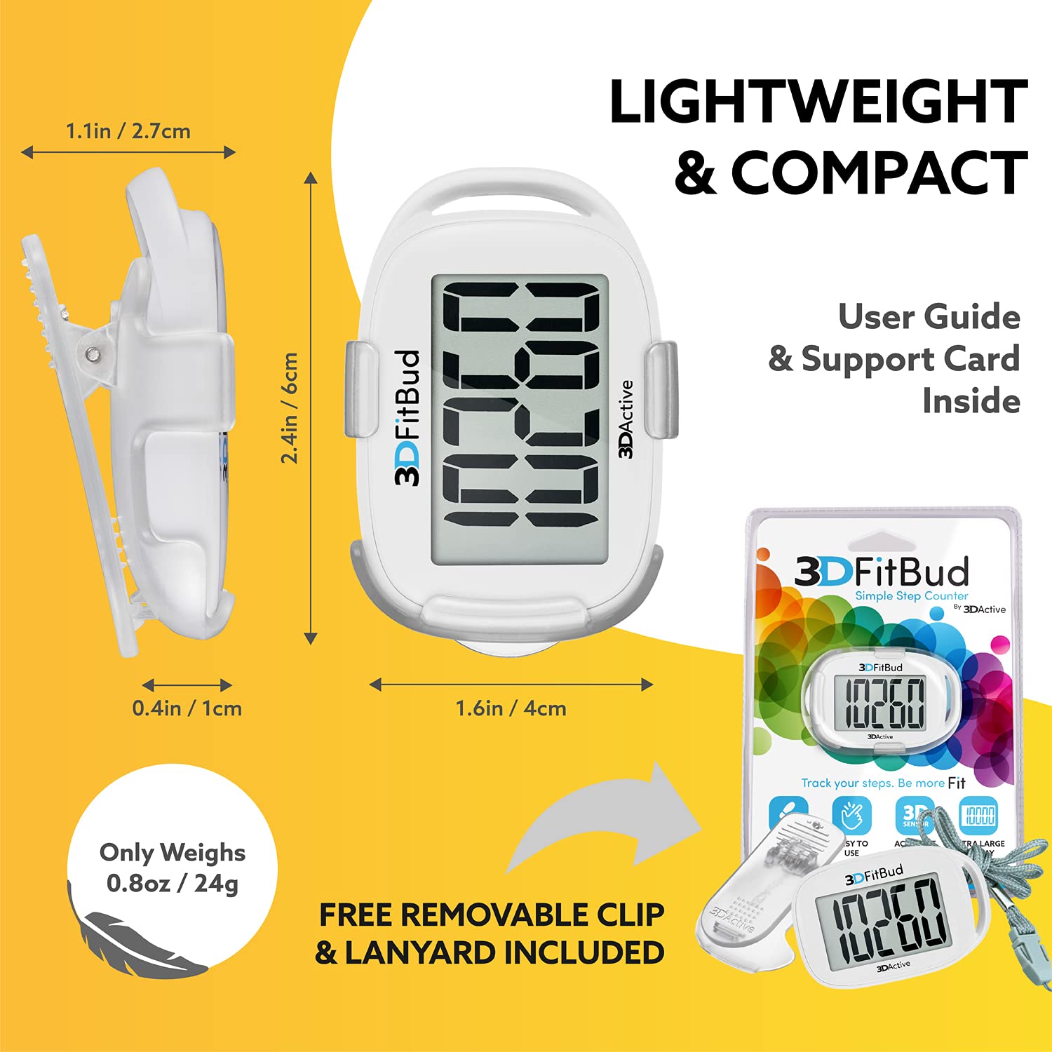 3DFitBud Simple Step Counter Walking 3D Pedometer with Clip and Lanyard, A420S