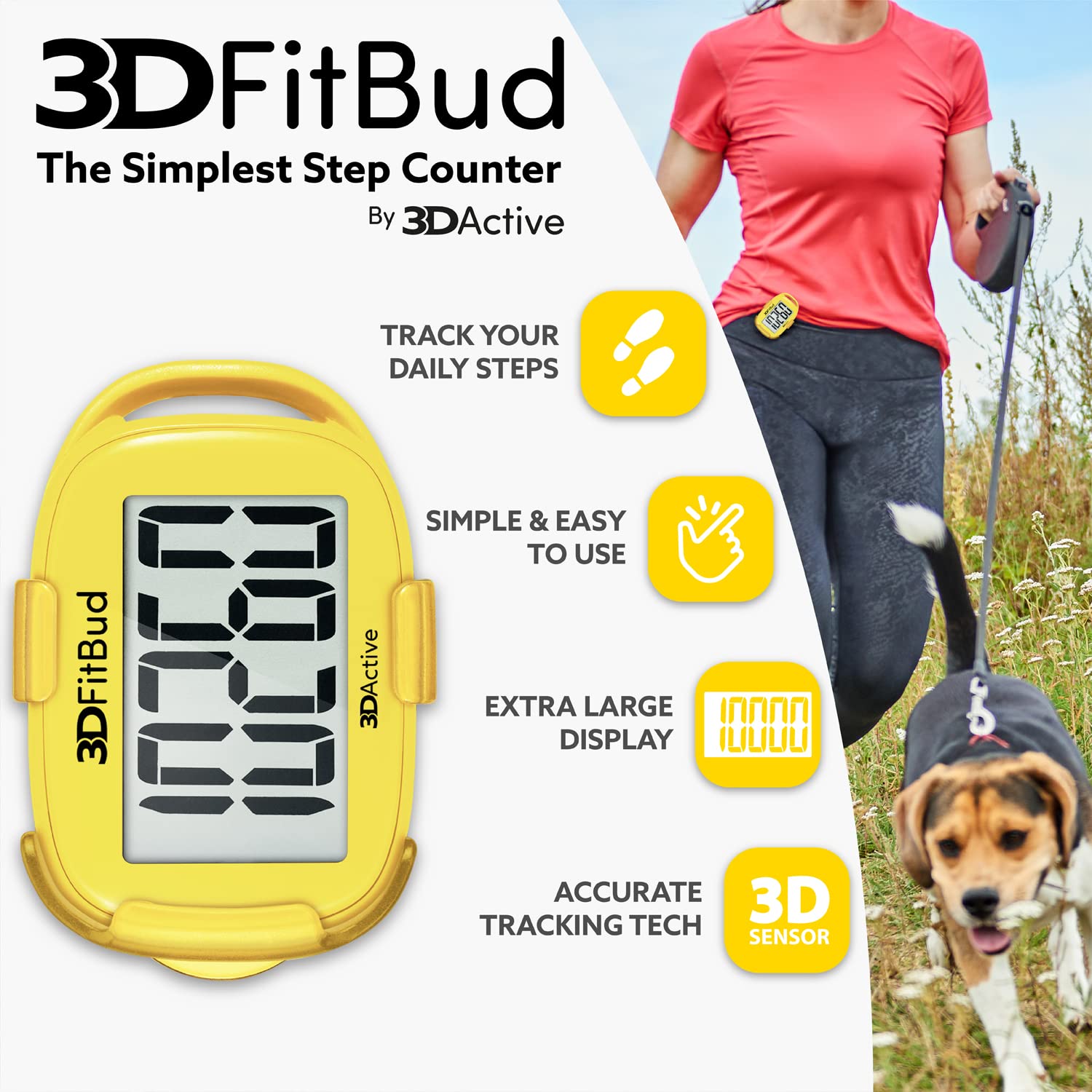 3DFitBud Simple Step Counter Walking 3D Pedometer with Clip and Lanyard, A420S