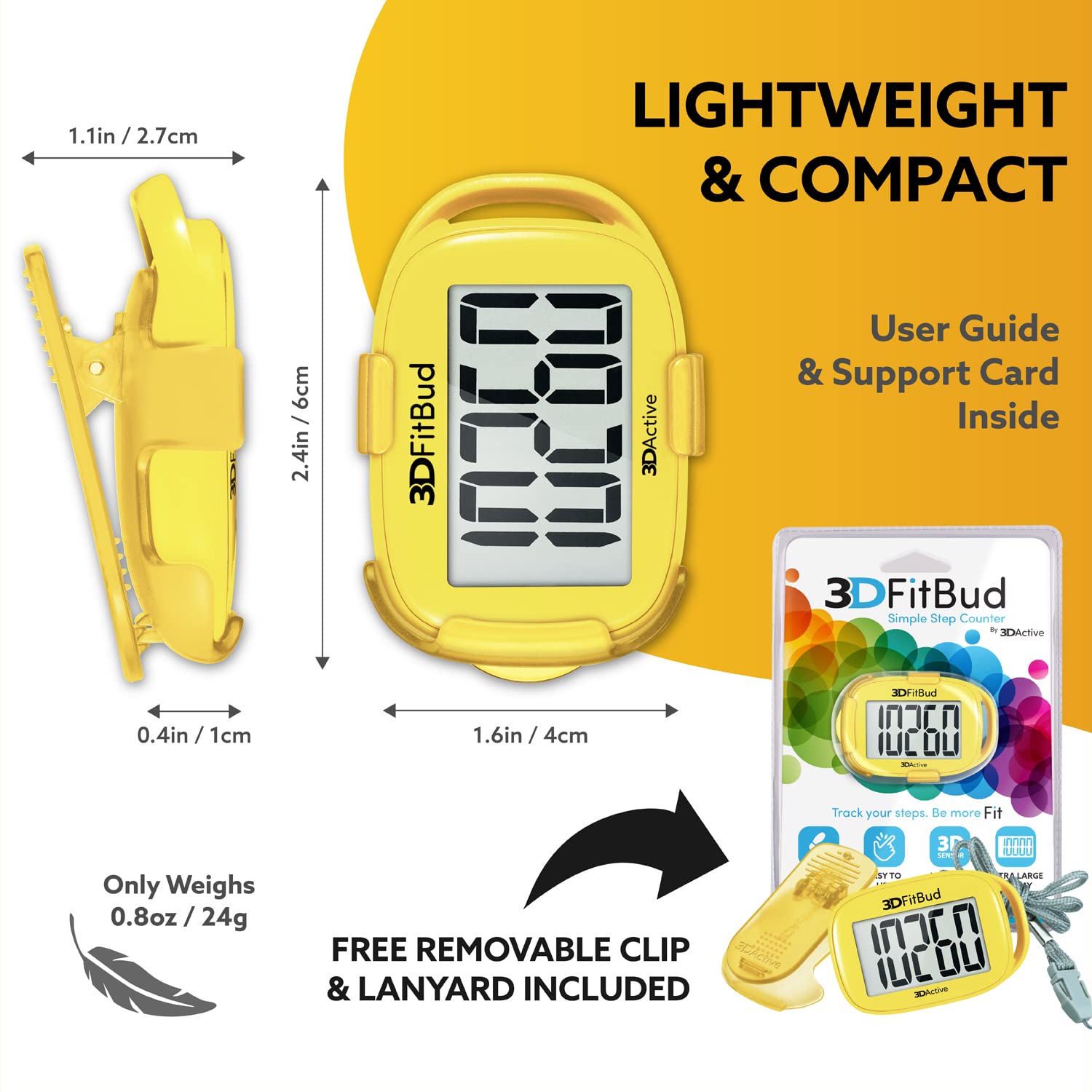 3DFitBud Simple Step Counter Walking 3D Pedometer with Clip and Lanyard, A420S