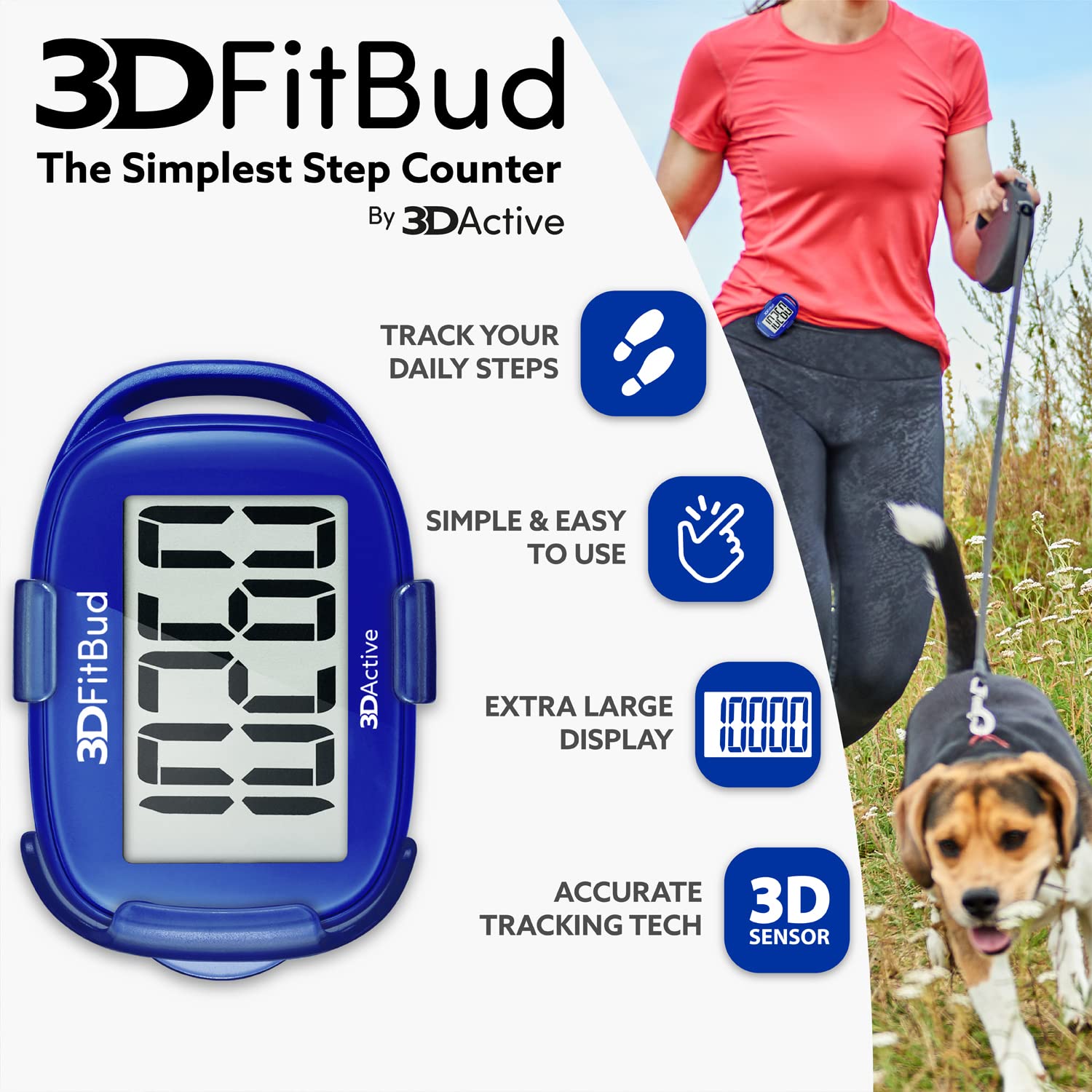 3DFitBud Simple Step Counter Walking 3D Pedometer with Clip and Lanyard, A420S