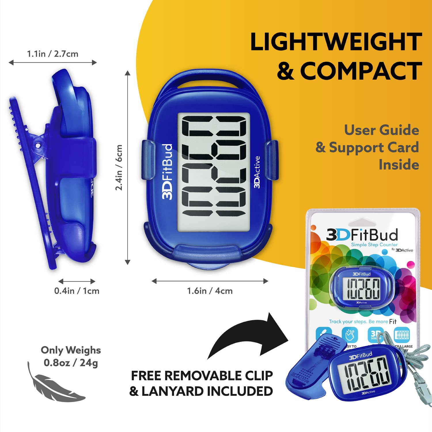 3DFitBud Simple Step Counter Walking 3D Pedometer with Clip and Lanyard, A420S