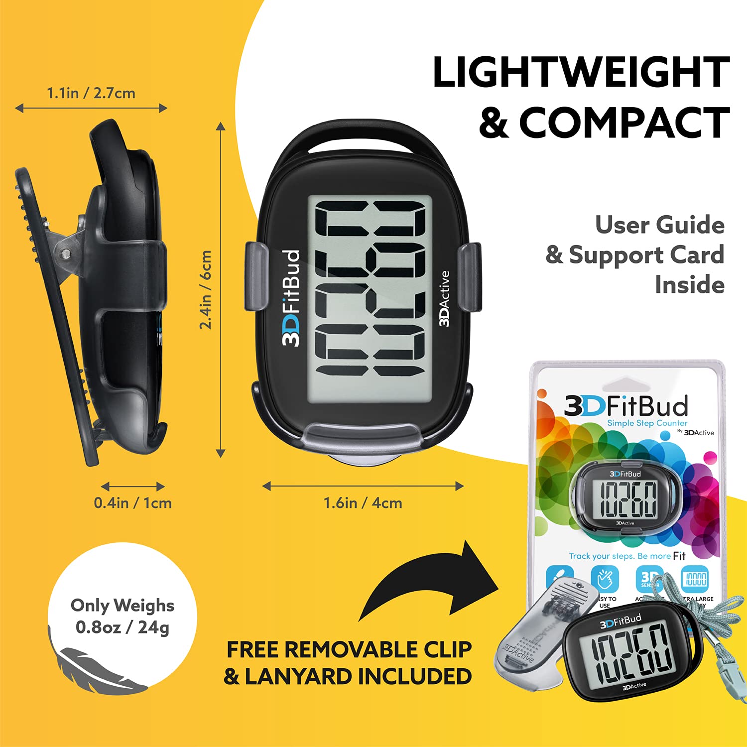 3DFitBud Simple Step Counter Walking 3D Pedometer with Clip and Lanyard, A420S