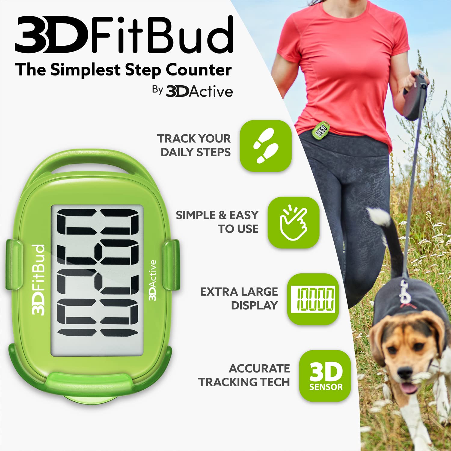 3DFitBud Simple Step Counter Walking 3D Pedometer with Clip and Lanyard, A420S