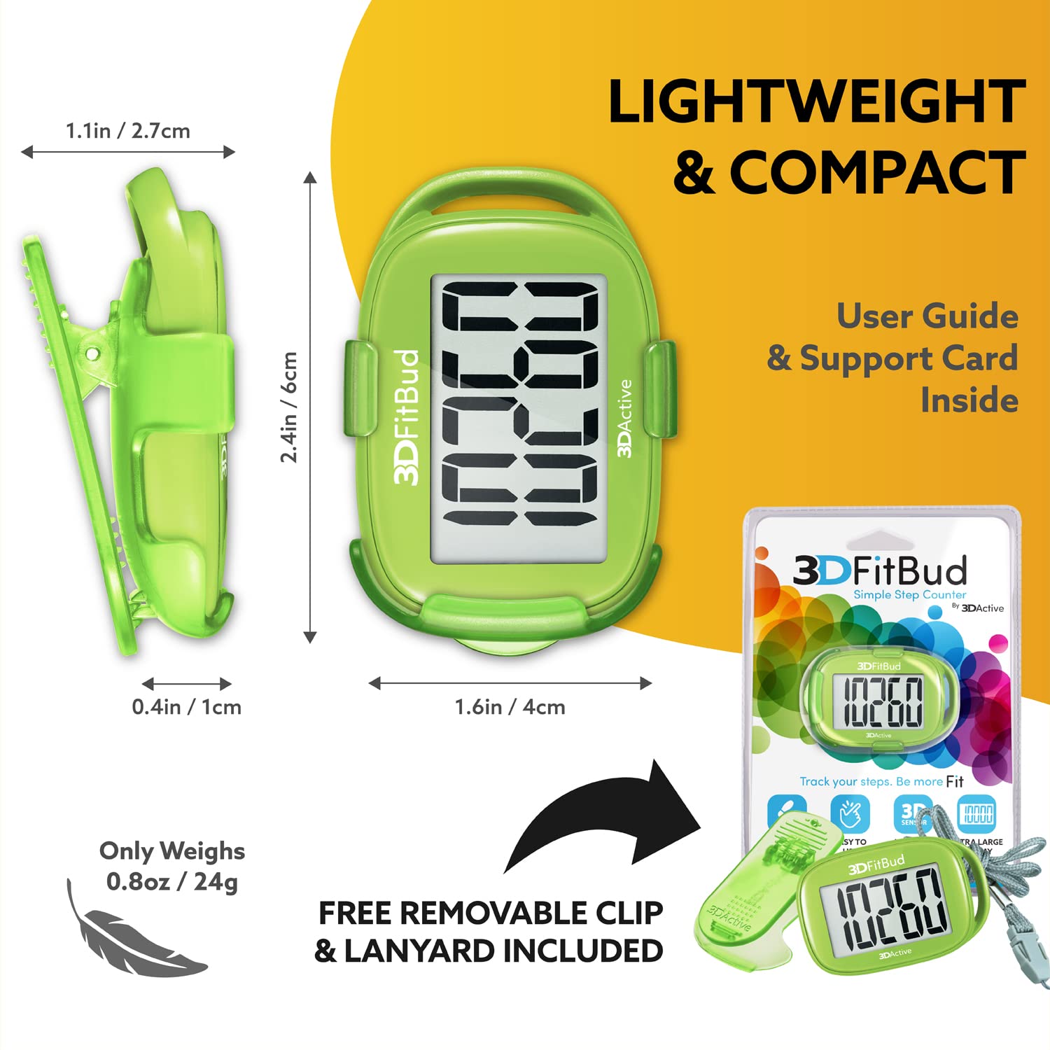 3DFitBud Simple Step Counter Walking 3D Pedometer with Clip and Lanyard, A420S