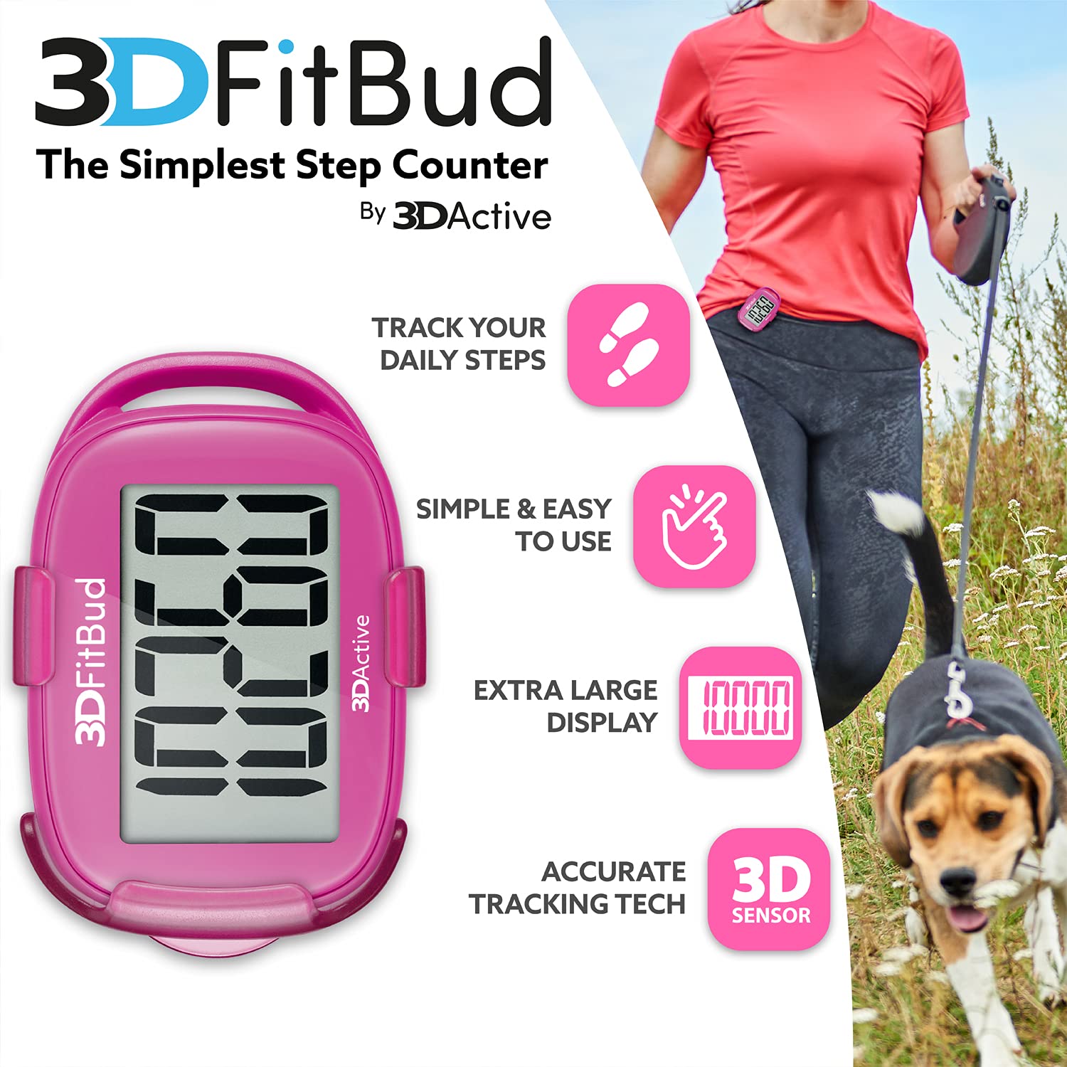 3DFitBud Simple Step Counter Walking 3D Pedometer with Clip and Lanyard, A420S