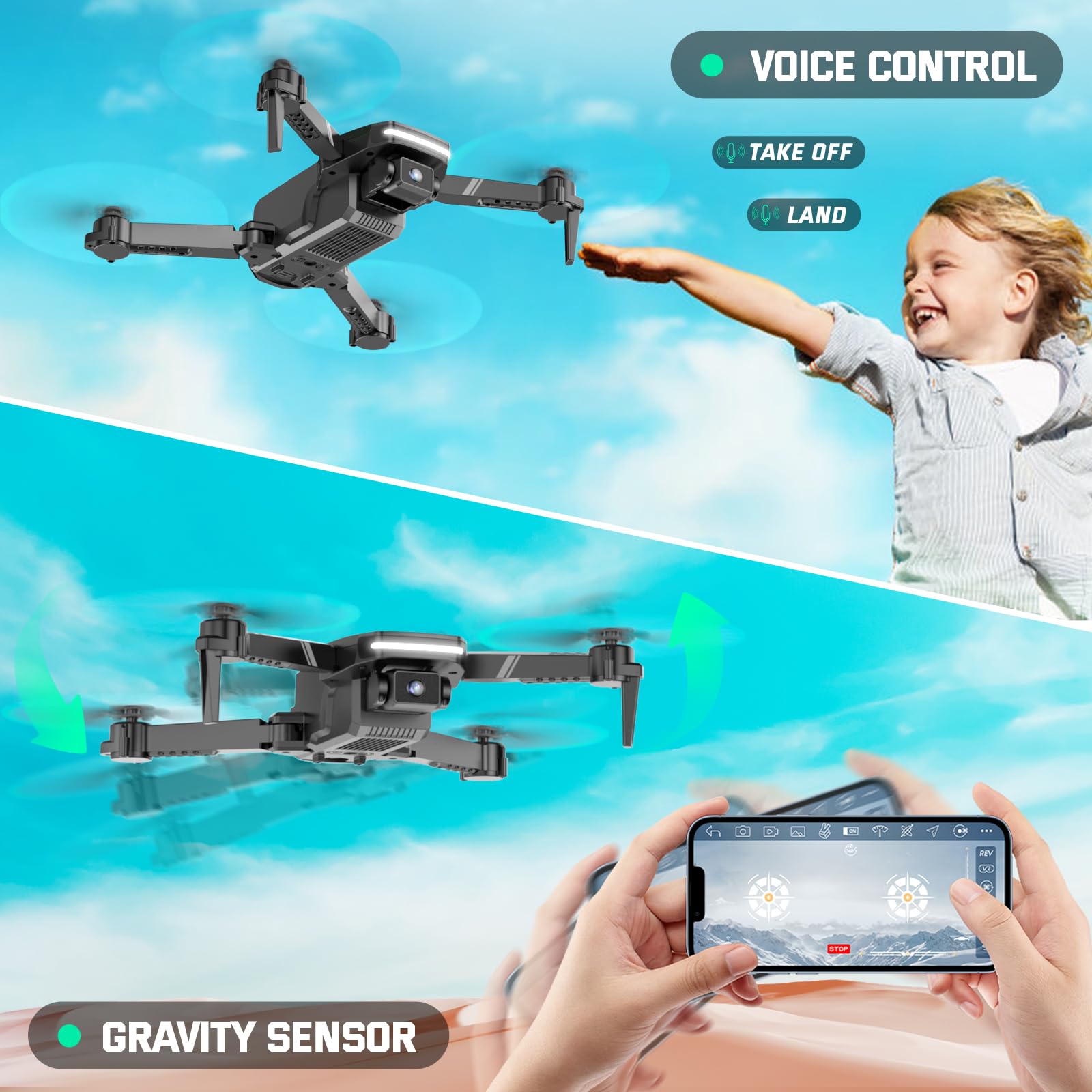 Heygelo S90 Drone with Camera for Adults, 1080P HD Mini FPV Drones for Kids Beginners, Foldable RC Quadcopter Toys Gifts with Altitude Hold, Voice/Gesture Control, 3 Speeds, 2 Batteries