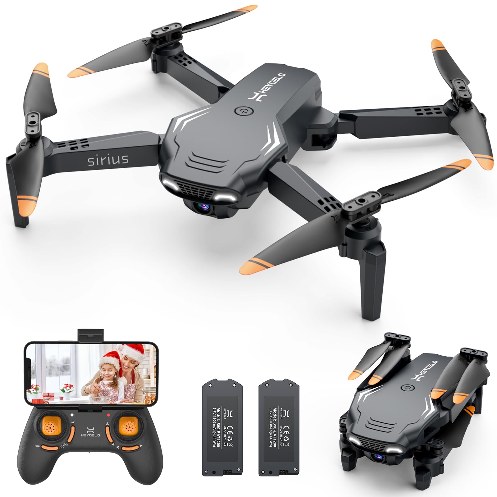 Heygelo S90 Drone with Camera for Adults, 1080P HD Mini FPV Drones for Kids Beginners, Foldable RC Quadcopter Toys Gifts with Altitude Hold, Voice/Gesture Control, 3 Speeds, 2 Batteries