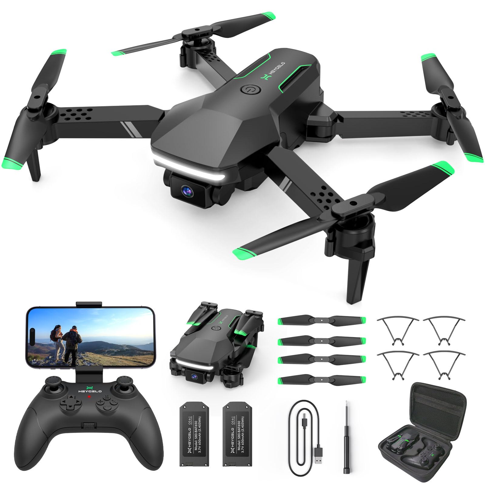 Heygelo S90 Drone with Camera for Adults, 1080P HD Mini FPV Drones for Kids Beginners, Foldable RC Quadcopter Toys Gifts with Altitude Hold, Voice/Gesture Control, 3 Speeds, 2 Batteries