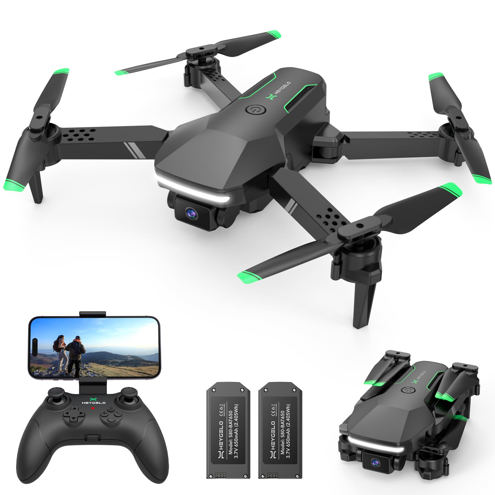 Heygelo S90 Drone with Camera for Adults, 1080P HD Mini FPV Drones for Kids Beginners, Foldable RC Quadcopter Toys Gifts with Altitude Hold, Voice/Gesture Control, 3 Speeds, 2 Batteries