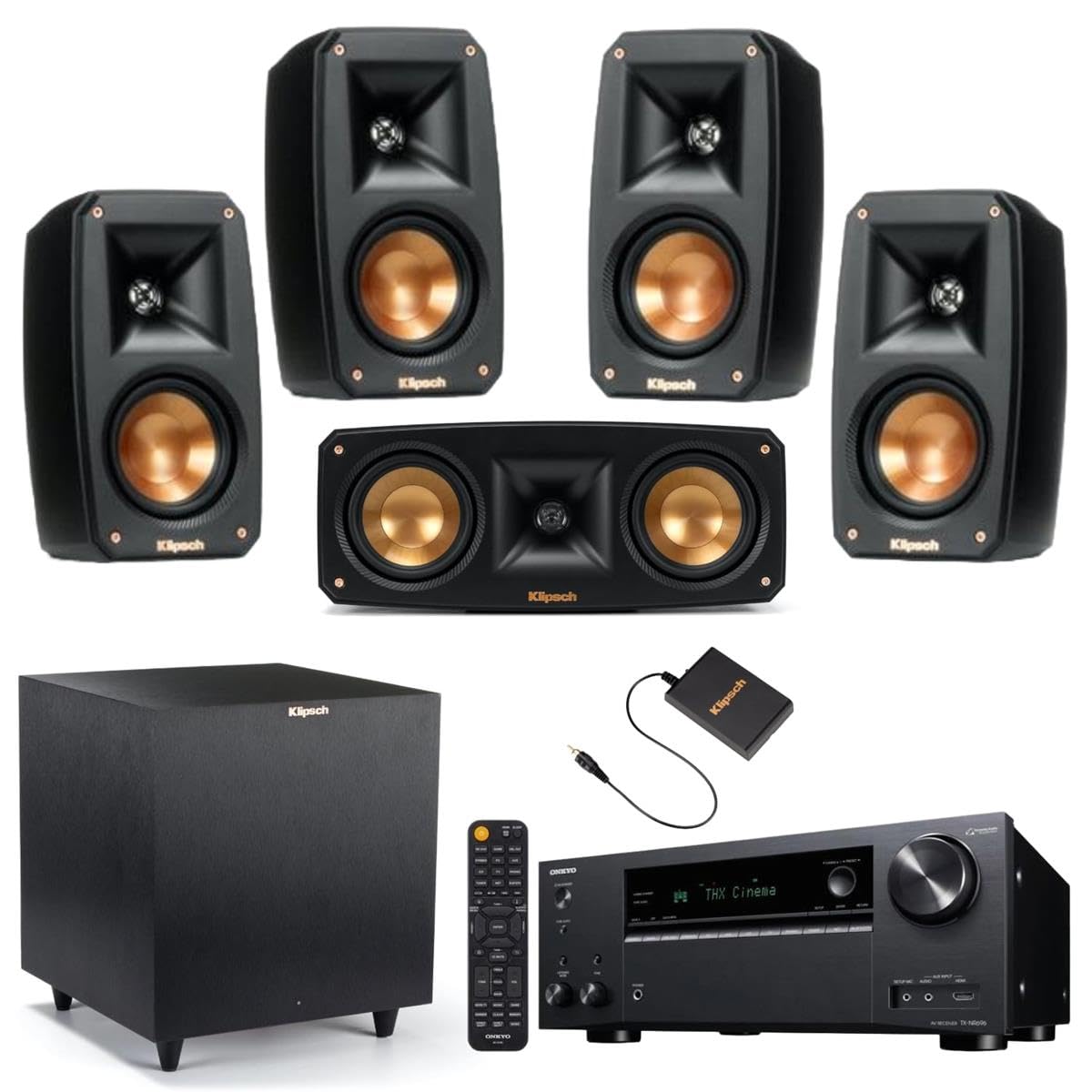 Klipsch Black Reference Theater Pack 5.1 Surround Sound System, Bundle with Onkyo TX-NR696 7.2-Channel Network A/V Receiver, 210W Per Channel (at 6 Ohms)