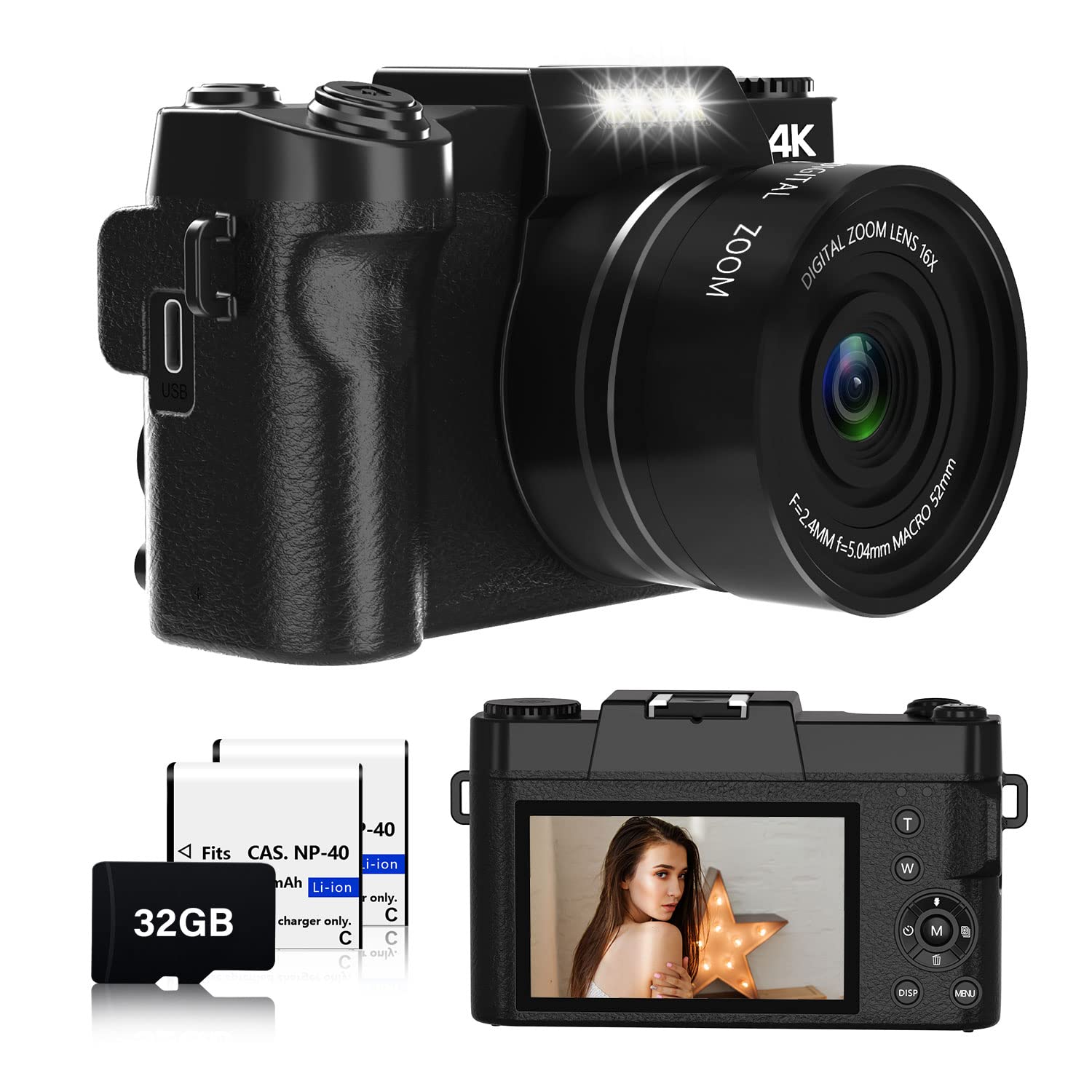 NIKICAM Digital Camera for Photography 4K 56MP Vlogging Camera for YouTube with 16X Digital Zoom, 2 Rechargeable Batteries, 32GB TF Card