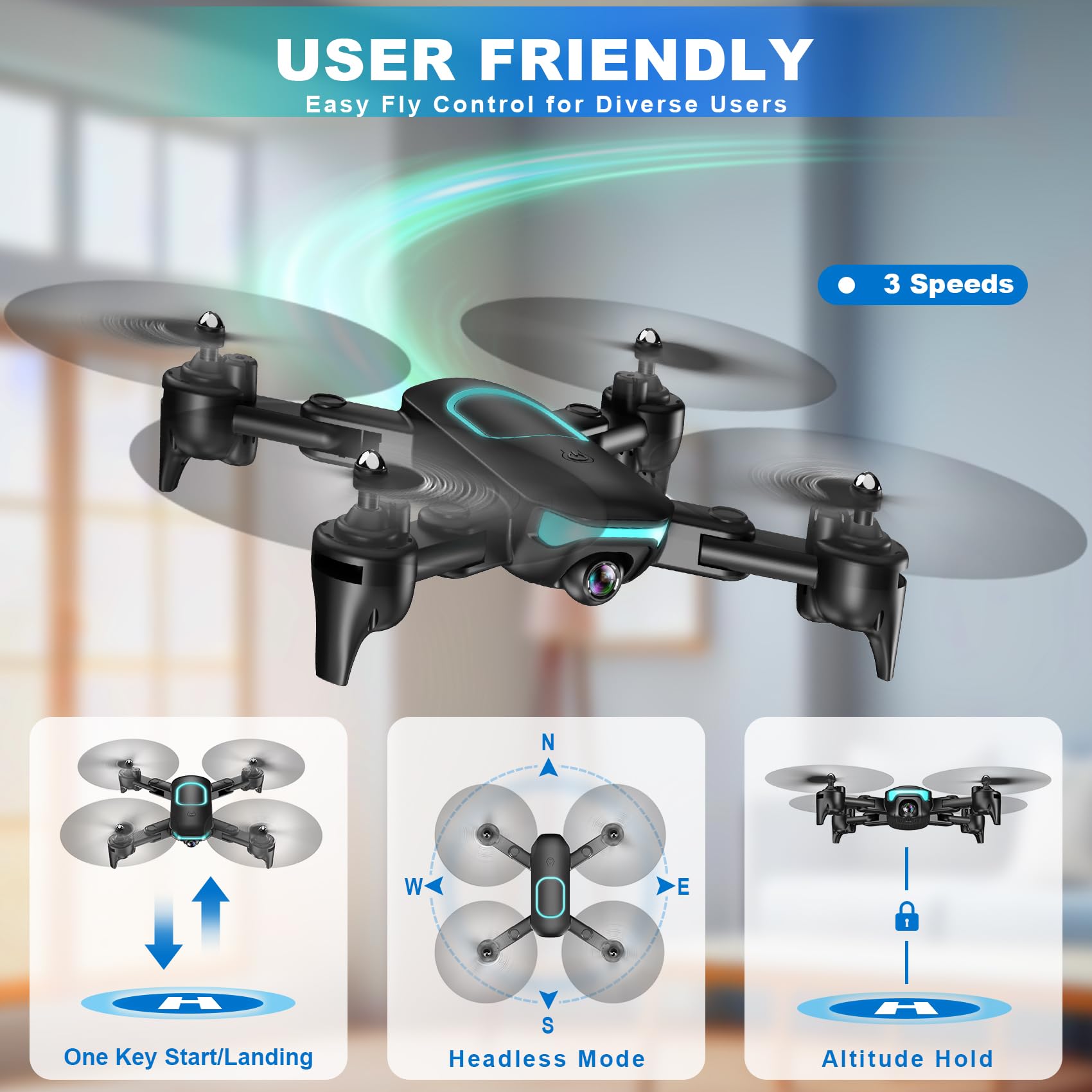 REDRIE Drone with Camera - Foldable Drone for Kids Adults with 1080P FPV Camera, Upgrade Altitude Hold, Gestures Selfie, Waypoint Fly, Headless Mode, 3D Flip, One Key Start, 3 Speed Mode, Circle Fly, 2 Batteries