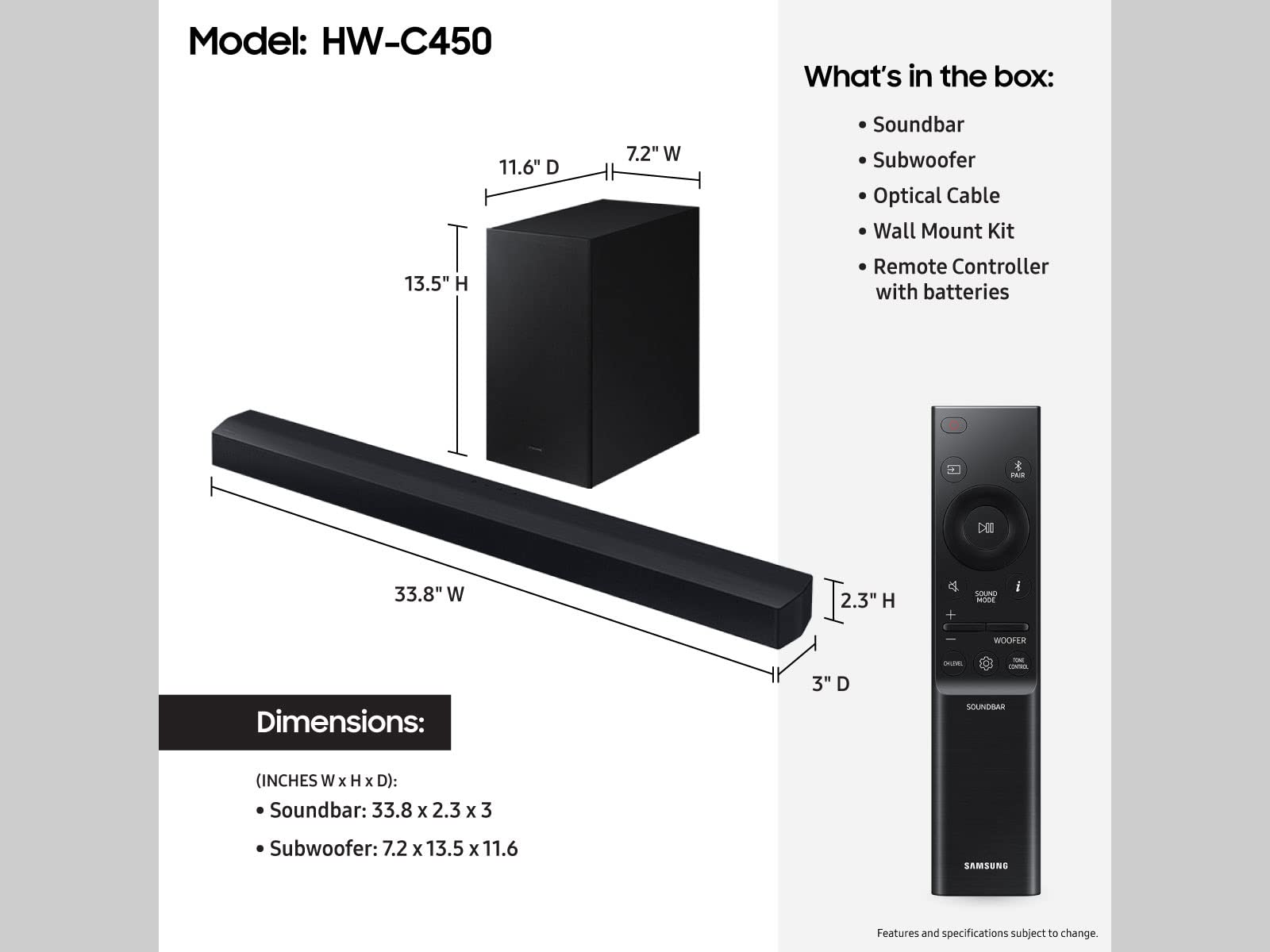 Samsung HW-B550/ZA 2.1ch Soundbar with Dolby Audio, DTS Virtual:X, Subwoofer Included, Adaptive Sound Lite, Bluetooth Multi-Device Connection, Wireless Surround Compatible, 2022, Black