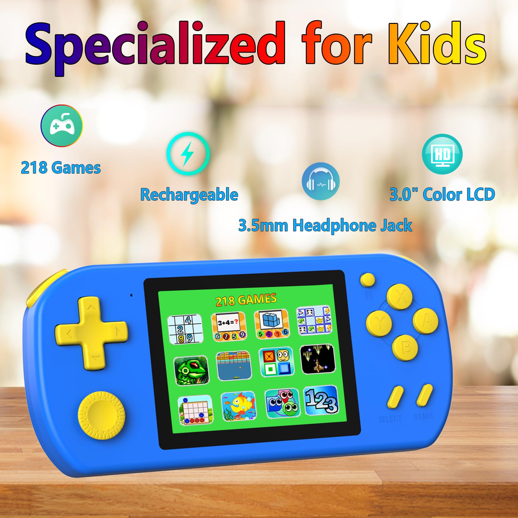 TEBIYOU Handheld Game Console for Kids Preloaded 218 Retro Video Games, Portable Gaming Player with Rechargeable Battery 3.0