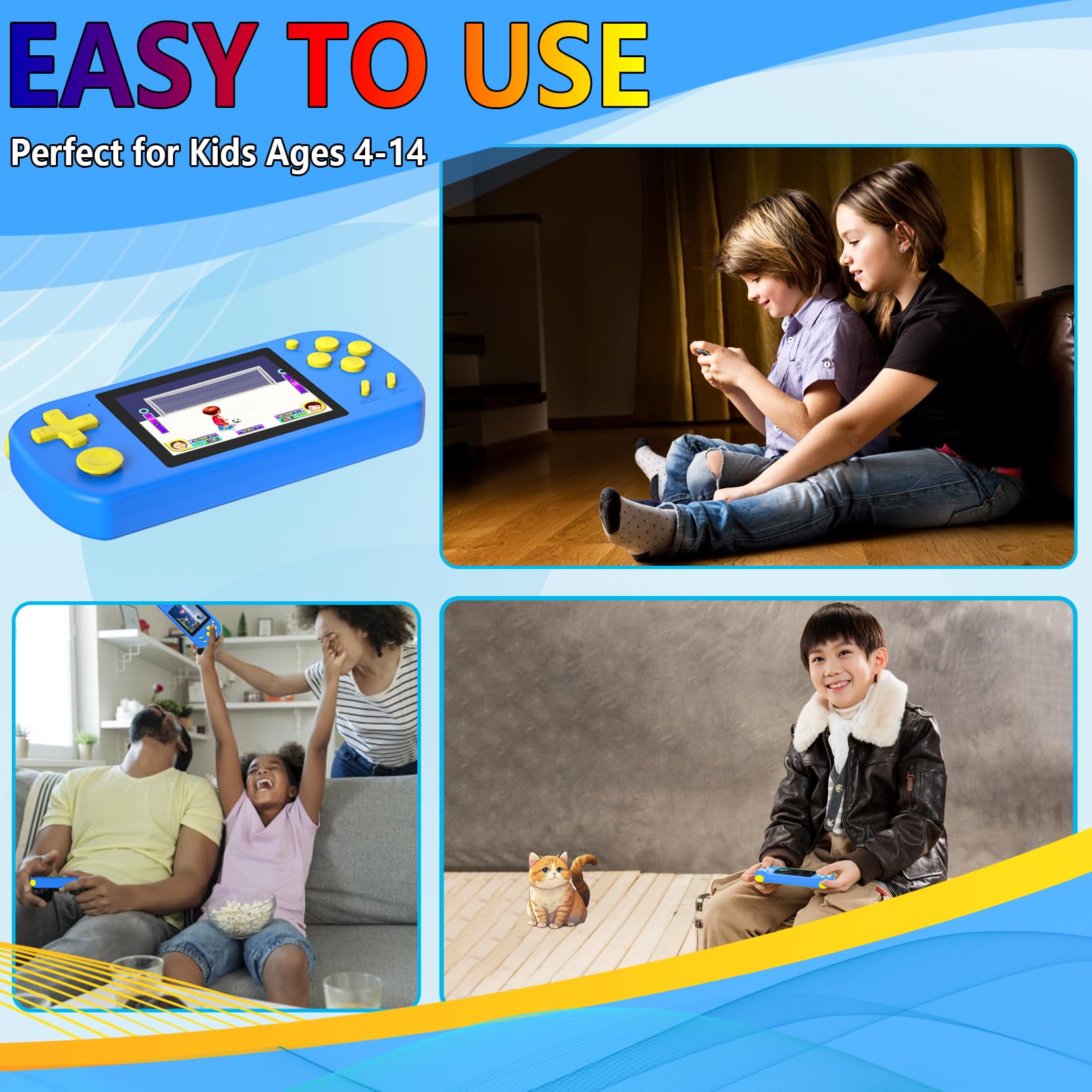 TEBIYOU Handheld Game Console for Kids Preloaded 218 Retro Video Games, Portable Gaming Player with Rechargeable Battery 3.0