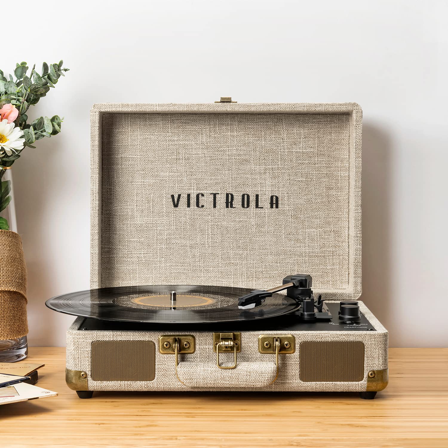 Victrola Journey+ Signature Turntable Record Player - 33-1/3, 45 & 78 RPM Suitcase Vinyl Record Player, Bluetooth Connectivity & Built-in Speakers, Stereo RCA Output, Linen Finish, Cream