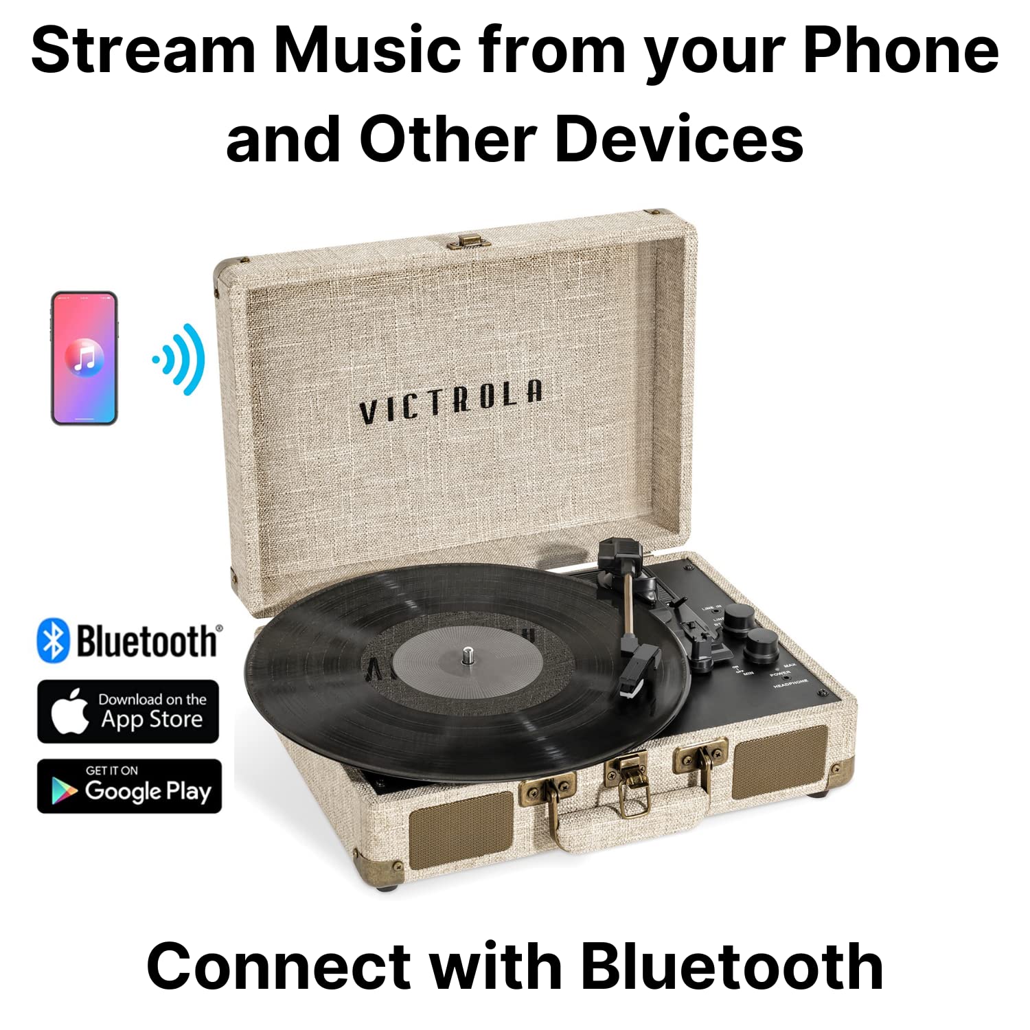 Victrola Journey+ Signature Turntable Record Player - 33-1/3, 45 & 78 RPM Suitcase Vinyl Record Player, Bluetooth Connectivity & Built-in Speakers, Stereo RCA Output, Linen Finish, Cream