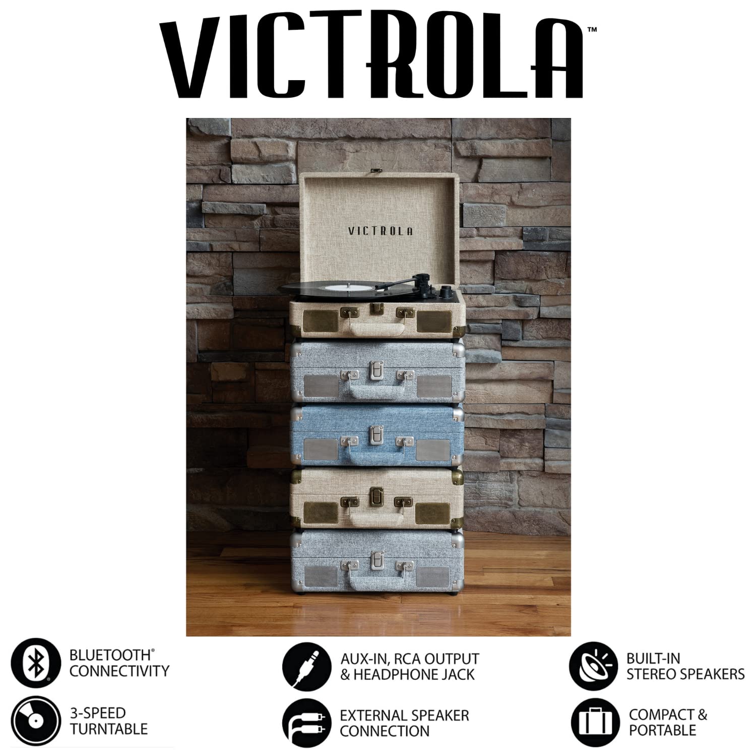 Victrola Journey+ Signature Turntable Record Player - 33-1/3, 45 & 78 RPM Suitcase Vinyl Record Player, Bluetooth Connectivity & Built-in Speakers, Stereo RCA Output, Linen Finish, Cream