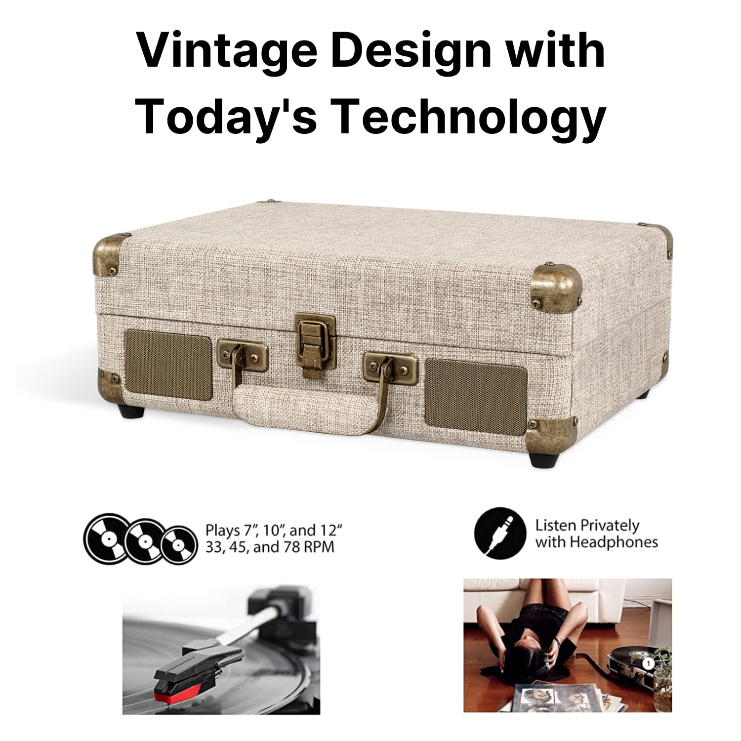 Victrola Journey+ Signature Turntable Record Player - 33-1/3, 45 & 78 RPM Suitcase Vinyl Record Player, Bluetooth Connectivity & Built-in Speakers, Stereo RCA Output, Linen Finish, Cream