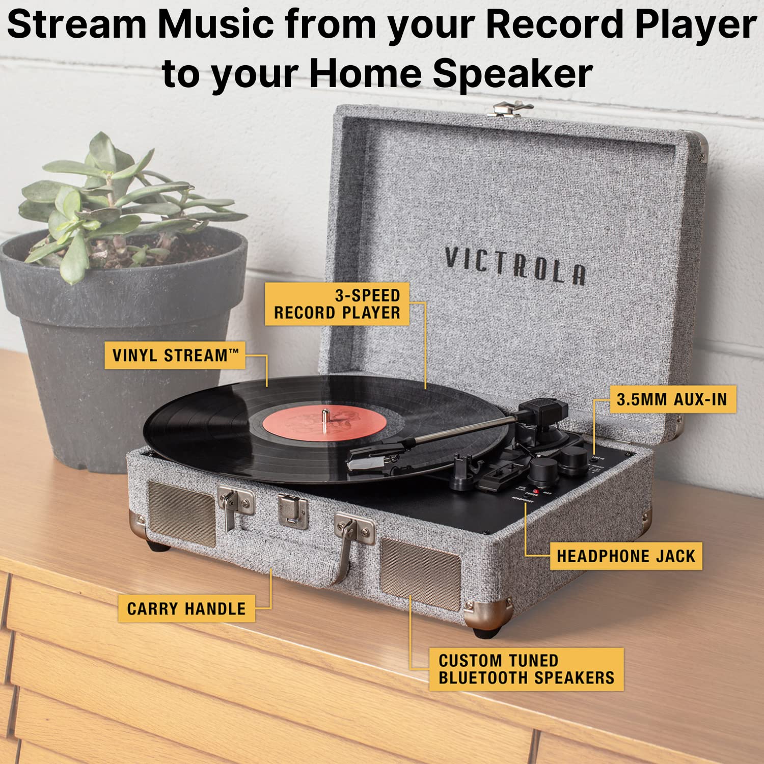 Victrola Journey+ Signature Turntable Record Player - 33-1/3, 45 & 78 RPM Suitcase Vinyl Record Player, Bluetooth Connectivity & Built-in Speakers, Stereo RCA Output, Linen Finish, Cream