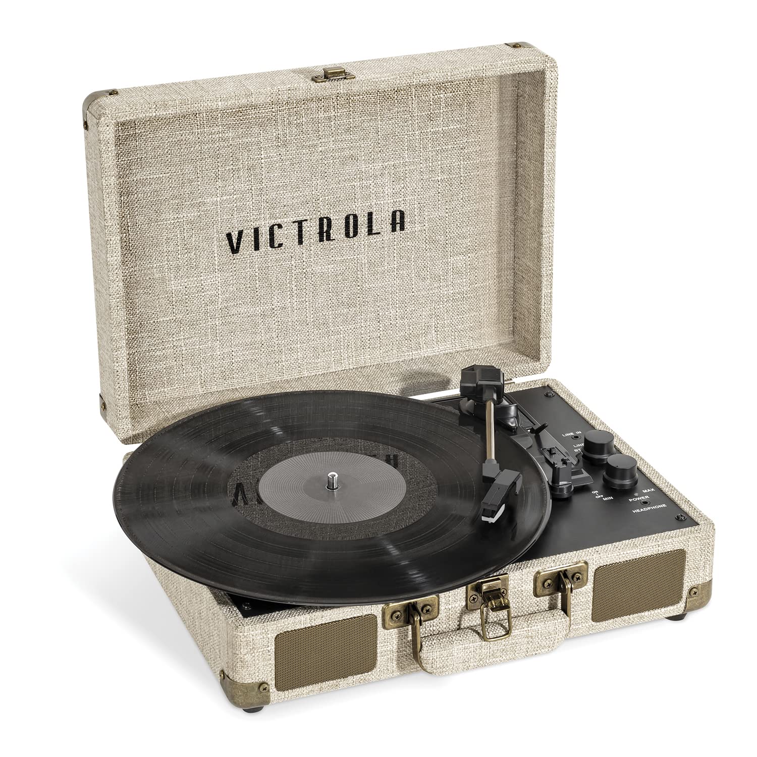 Victrola Journey+ Signature Turntable Record Player – 33-1/3, 45 & 78 RPM Suitcase Vinyl Record Player, Bluetooth Connectivity & Built-in Speakers, Stereo RCA Output, Linen Finish, Cream
