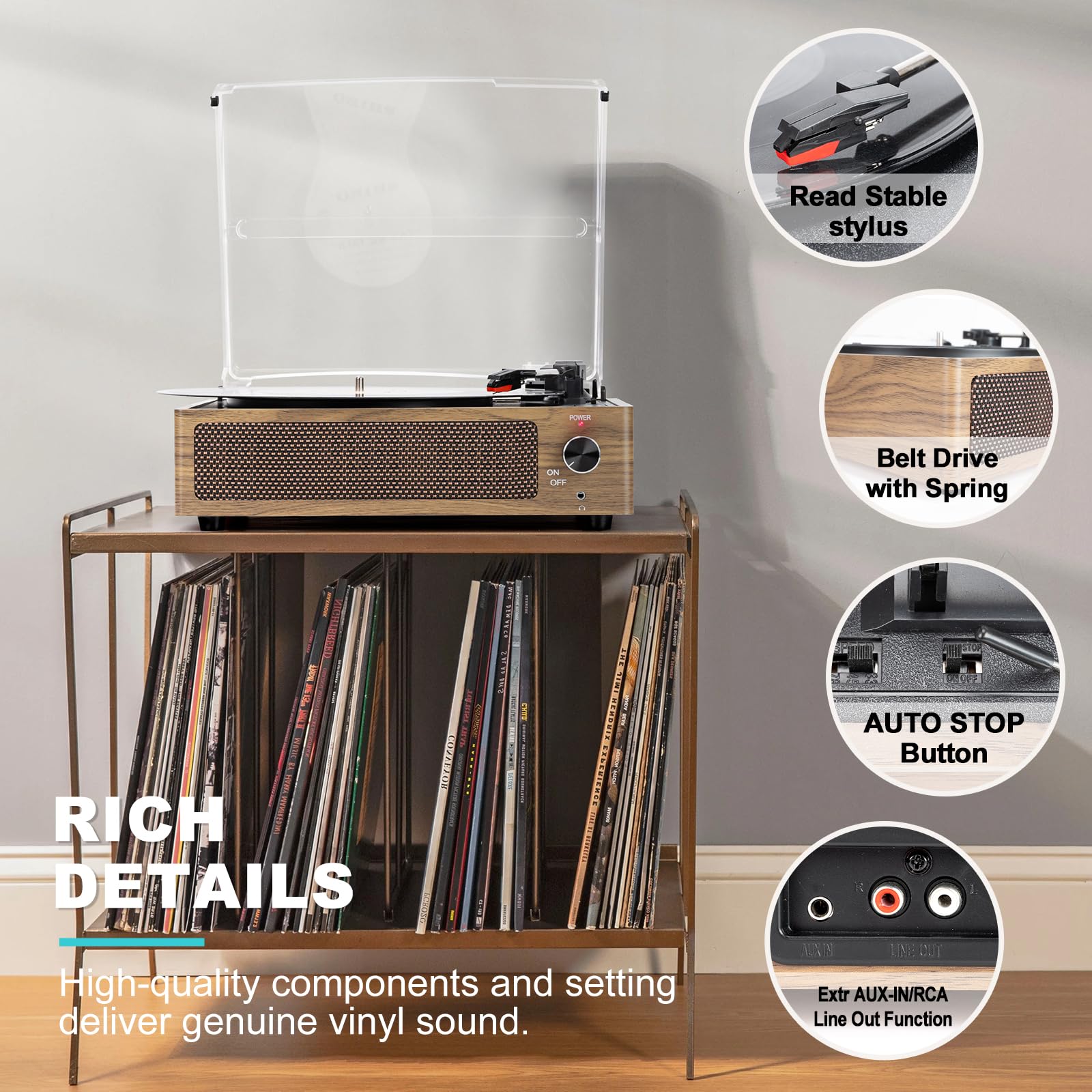 Vinyl Record Player with Speakers Vintage Turntable for Vinyl Records Belt-Driven Turntable Support 3-Speed, Wireless Playback, Headphone, AUX-in, RCA Line LP Vinyl Players for Sound Enjoyment Black