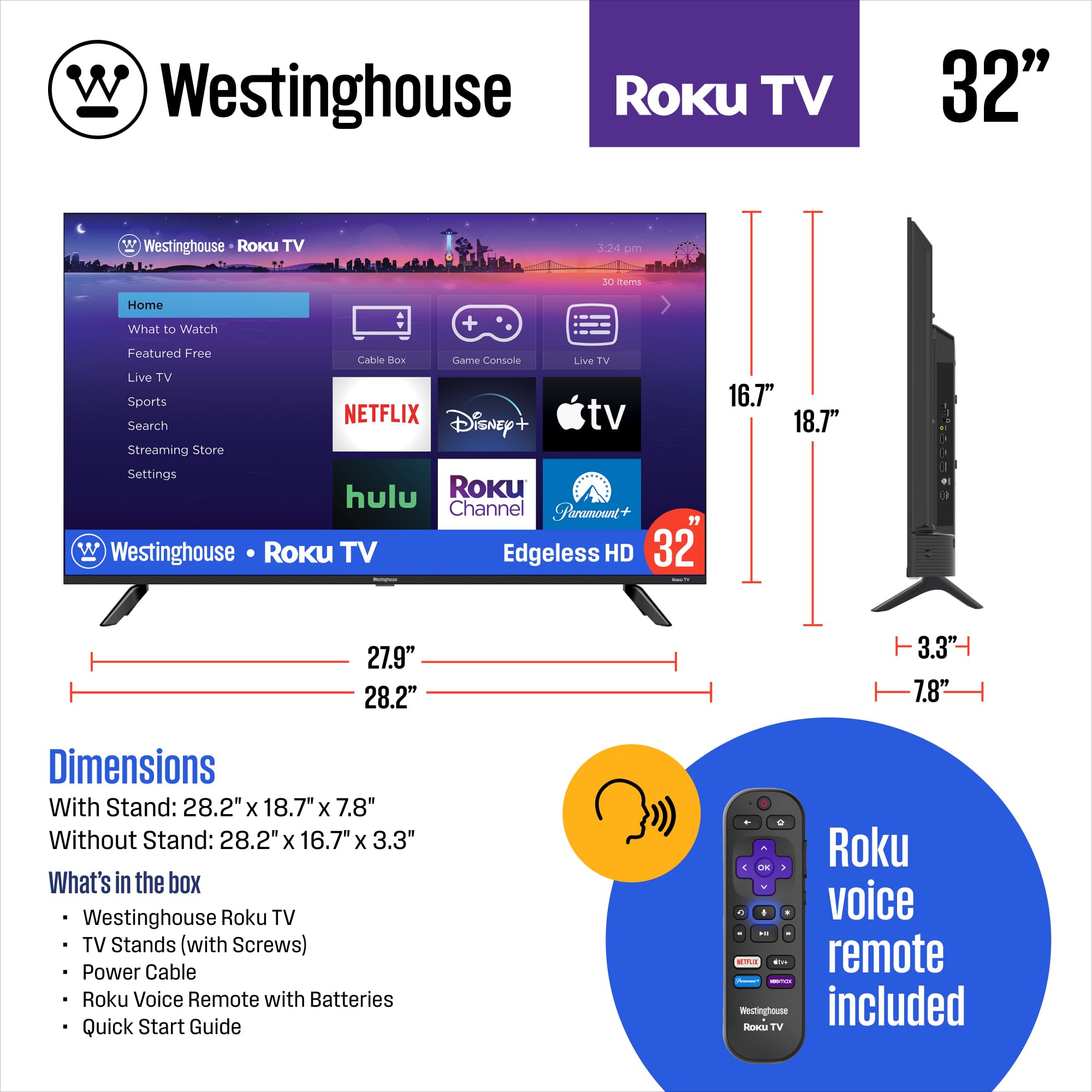 Westinghouse Roku TV - 24 Inch Smart TV, 720P LED HD TV with Wi-Fi Connectivity and Mobile App, Flat Screen TV Compatible with Apple Home Kit, Alexa and Google Assistant