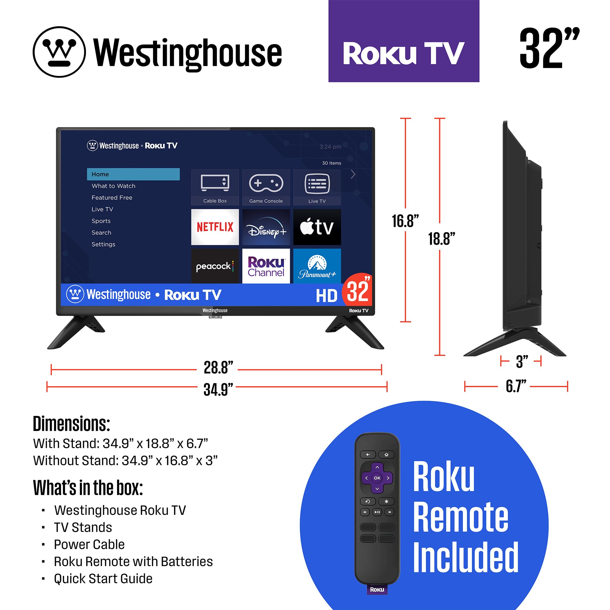 Westinghouse Roku TV - 24 Inch Smart TV, 720P LED HD TV with Wi-Fi Connectivity and Mobile App, Flat Screen TV Compatible with Apple Home Kit, Alexa and Google Assistant