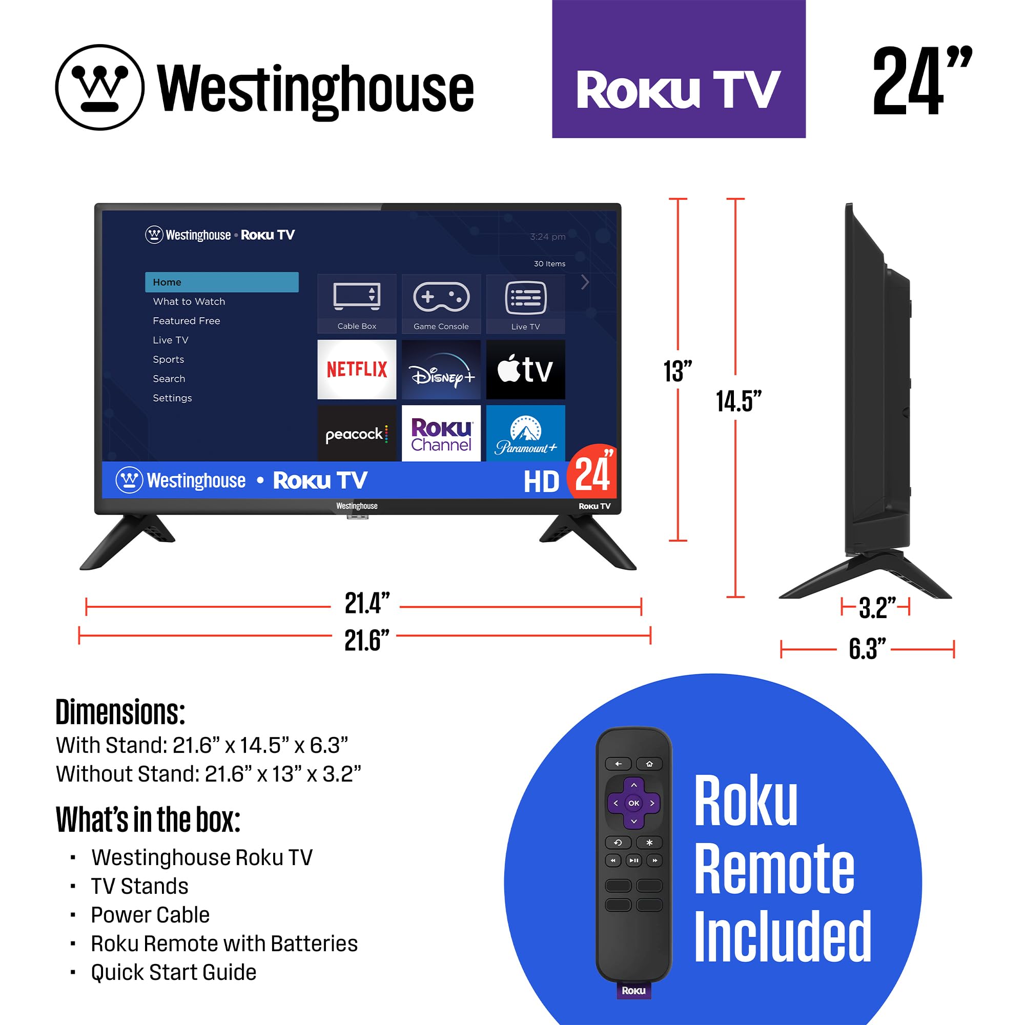 Westinghouse Roku TV - 24 Inch Smart TV, 720P LED HD TV with Wi-Fi Connectivity and Mobile App, Flat Screen TV Compatible with Apple Home Kit, Alexa and Google Assistant