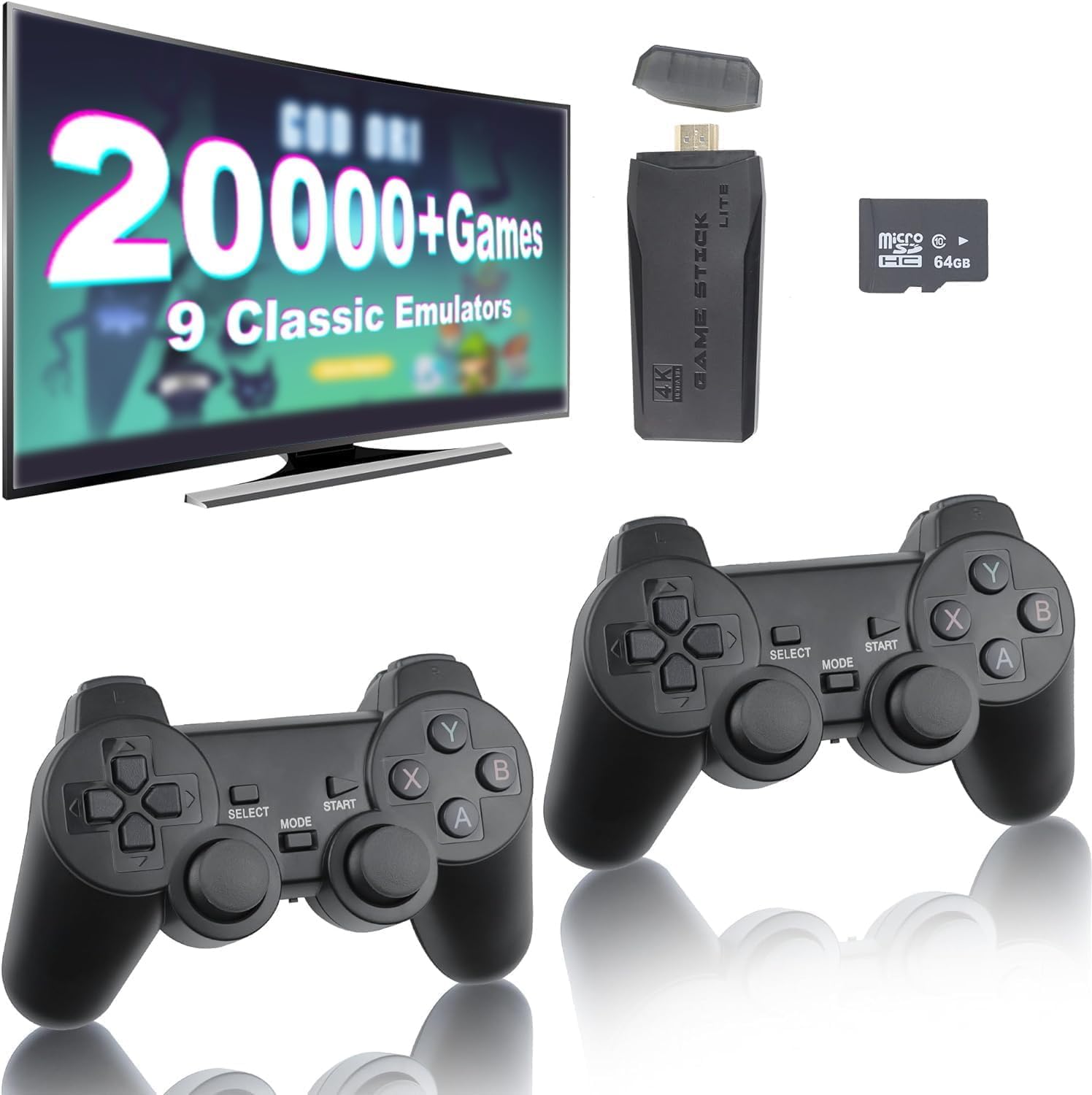 ZLYSYCM Wireless Retro Game Console, Retro Game Stick, Nostalgia Stick Game, 20,000+ Games & 9 Emulators Built in, Plug and Play Video Games for Tv 4K HDMI, 2.4g Wireless Controllers (64G)