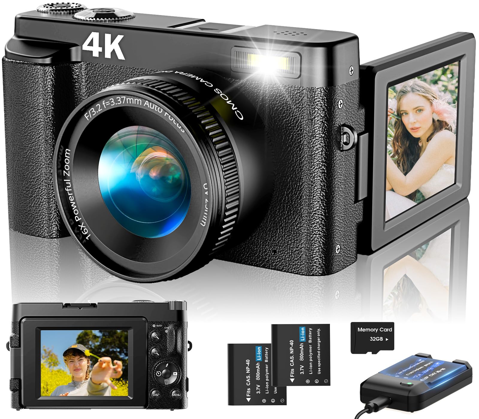 4K Digital Camera for Photography Autofocus, Upgraded 48MP Vlogging Camera for YouTube with SD Card, 3″ 180 Flip Screen Compact Travel Camera with 16X Digital Zoom, Flash, Anti-Shake, 2 Batteries