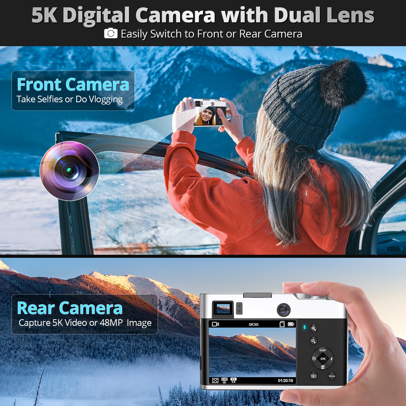 5K Digital Camera for Photography Autofocus, 48MP Vlogging Camera with Front and Rear Lens, Viewfinder, Flashlight, 16X Digital Zoom, Anti-Shake, Compact Travel Camera with 32GB SD Card, 2 Batteries