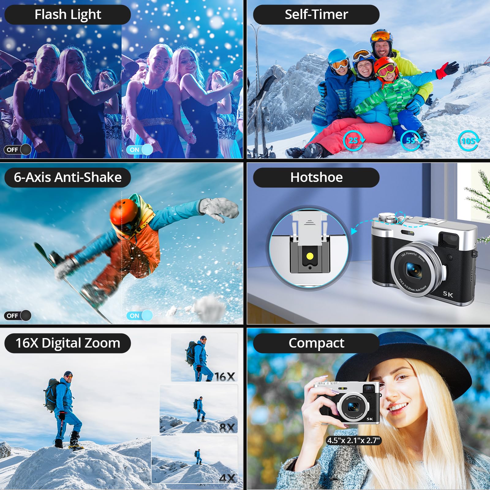 5K Digital Camera for Photography Autofocus, 48MP Vlogging Camera with Front and Rear Lens, Viewfinder, Flashlight, 16X Digital Zoom, Anti-Shake, Compact Travel Camera with 32GB SD Card, 2 Batteries