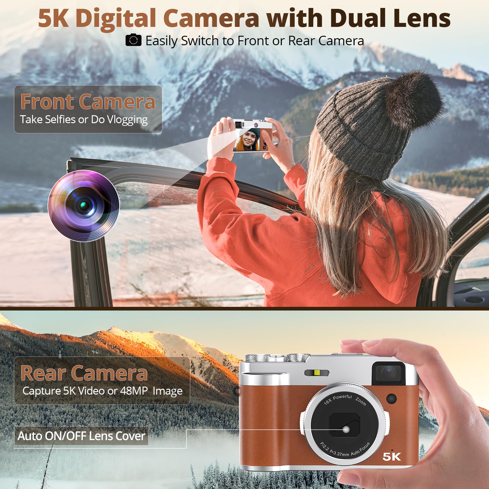 5K Digital Camera for Photography Autofocus, 48MP Vlogging Camera with Front and Rear Lens, Viewfinder, Flashlight, 16X Digital Zoom, Anti-Shake, Compact Travel Camera with 32GB SD Card, 2 Batteries