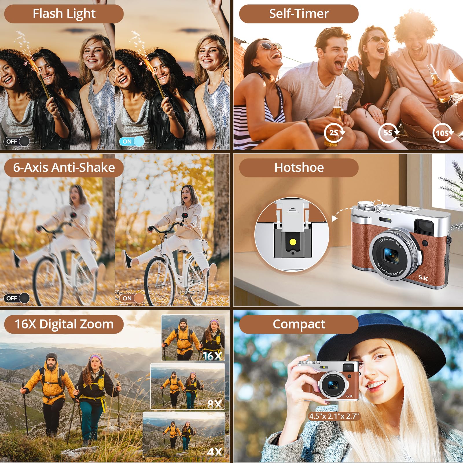 5K Digital Camera for Photography Autofocus, 48MP Vlogging Camera with Front and Rear Lens, Viewfinder, Flashlight, 16X Digital Zoom, Anti-Shake, Compact Travel Camera with 32GB SD Card, 2 Batteries