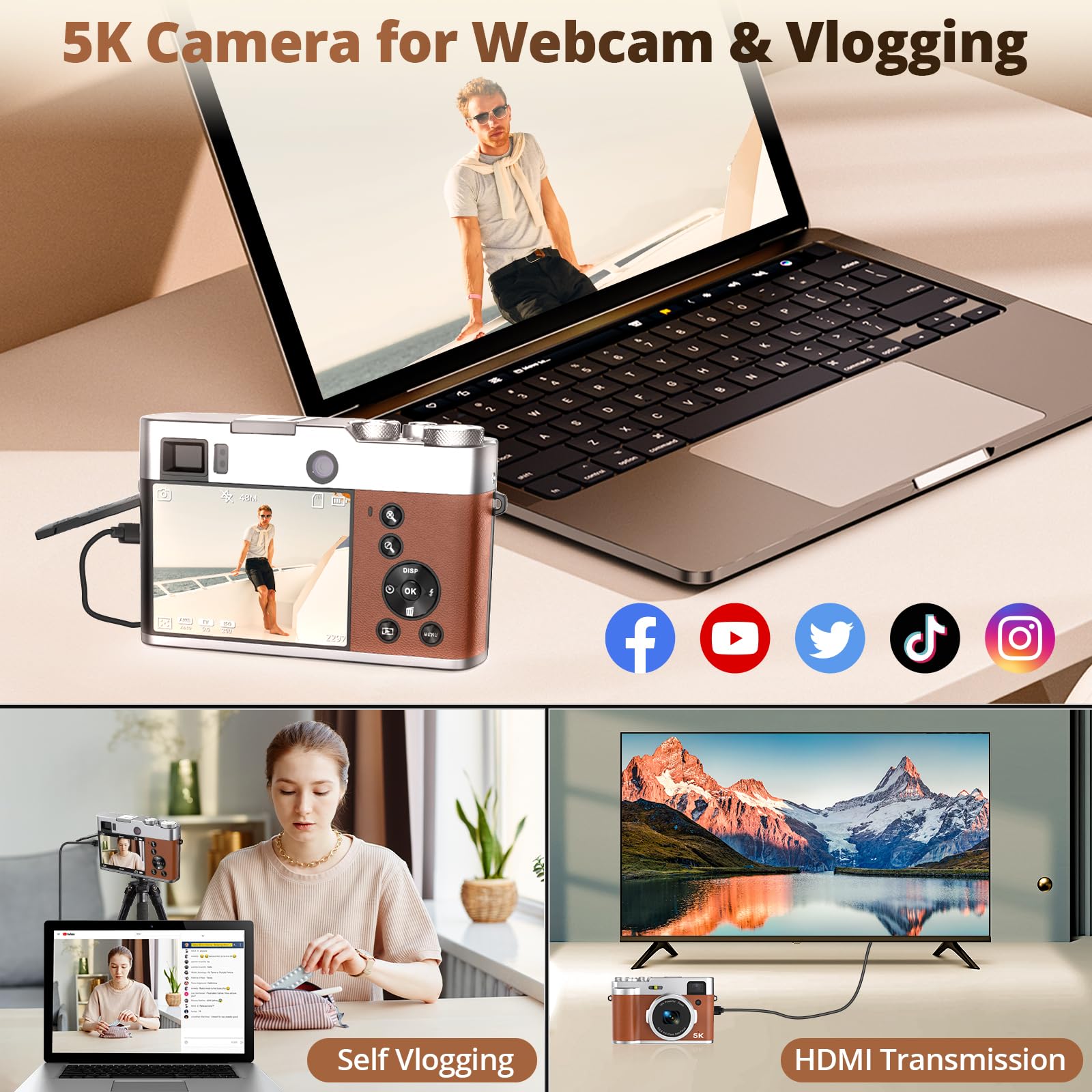 5K Digital Camera for Photography Autofocus, 48MP Vlogging Camera with Front and Rear Lens, Viewfinder, Flashlight, 16X Digital Zoom, Anti-Shake, Compact Travel Camera with 32GB SD Card, 2 Batteries