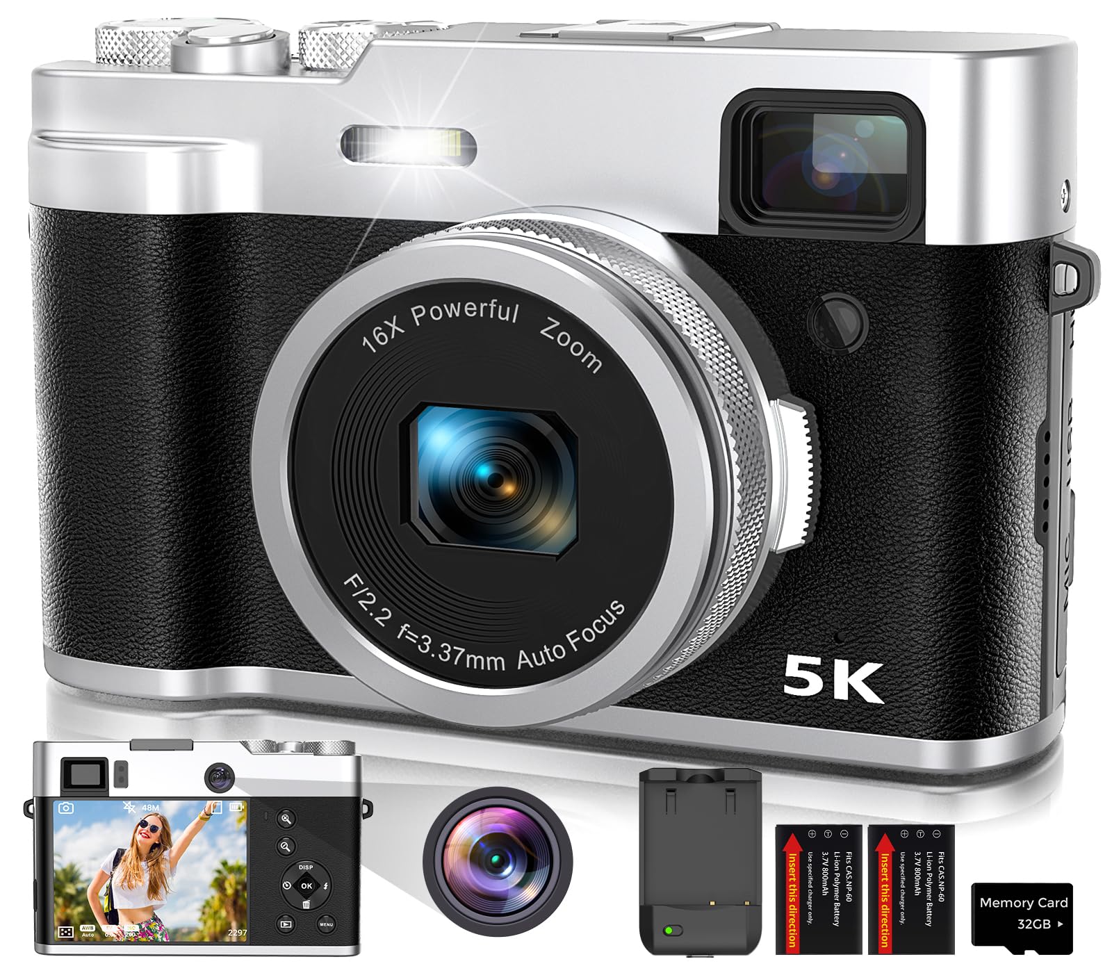 5K Digital Camera for Photography Autofocus, 48MP Vlogging Camera with Front and Rear Lens, Viewfinder, Flashlight, 16X Digital Zoom, Anti-Shake, Compact Travel Camera with 32GB SD Card, 2 Batteries