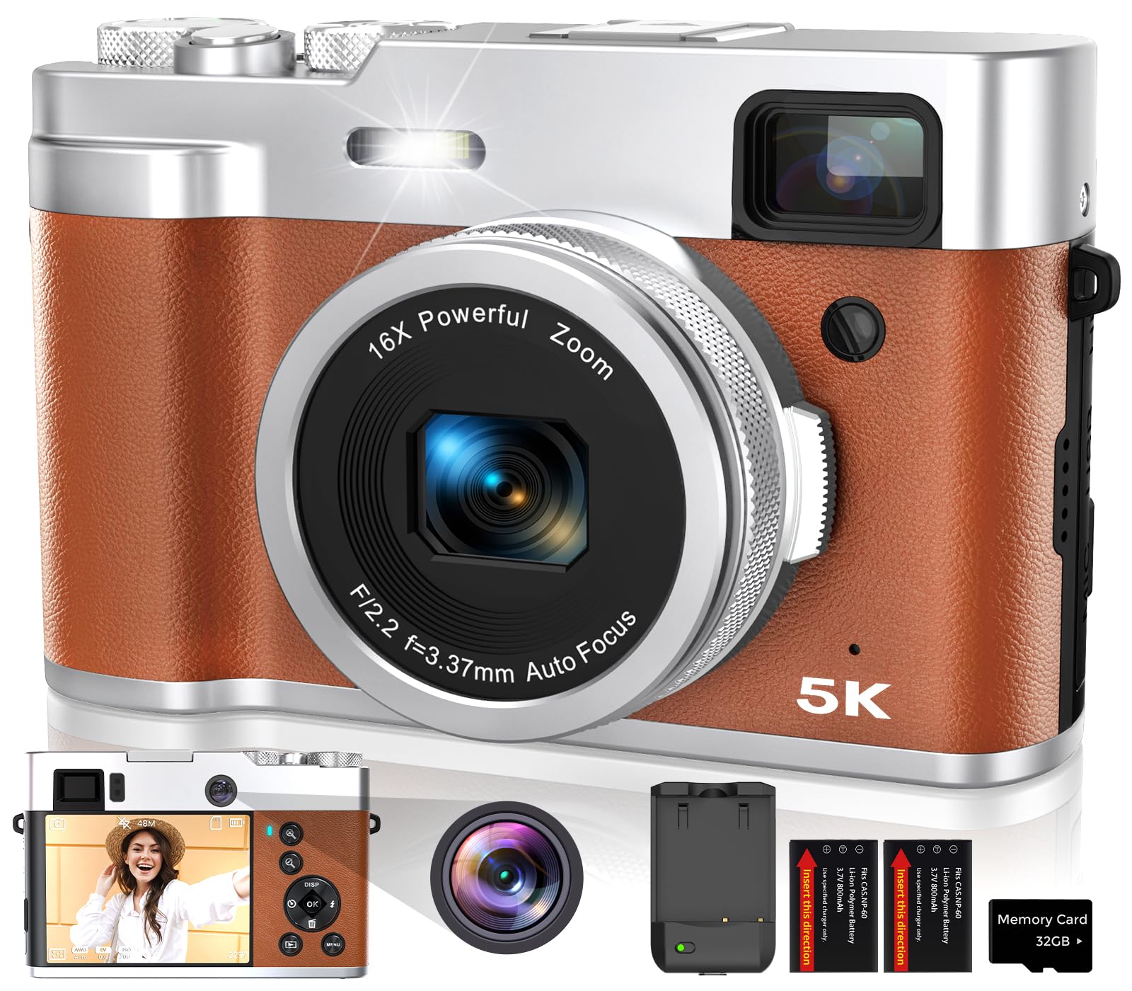 5K Digital Camera for Photography Autofocus, 48MP Vlogging Camera with Front and Rear Lens, Viewfinder, Flashlight, 16X Digital Zoom, Anti-Shake, Compact Travel Camera with 32GB SD Card, 2 Batteries