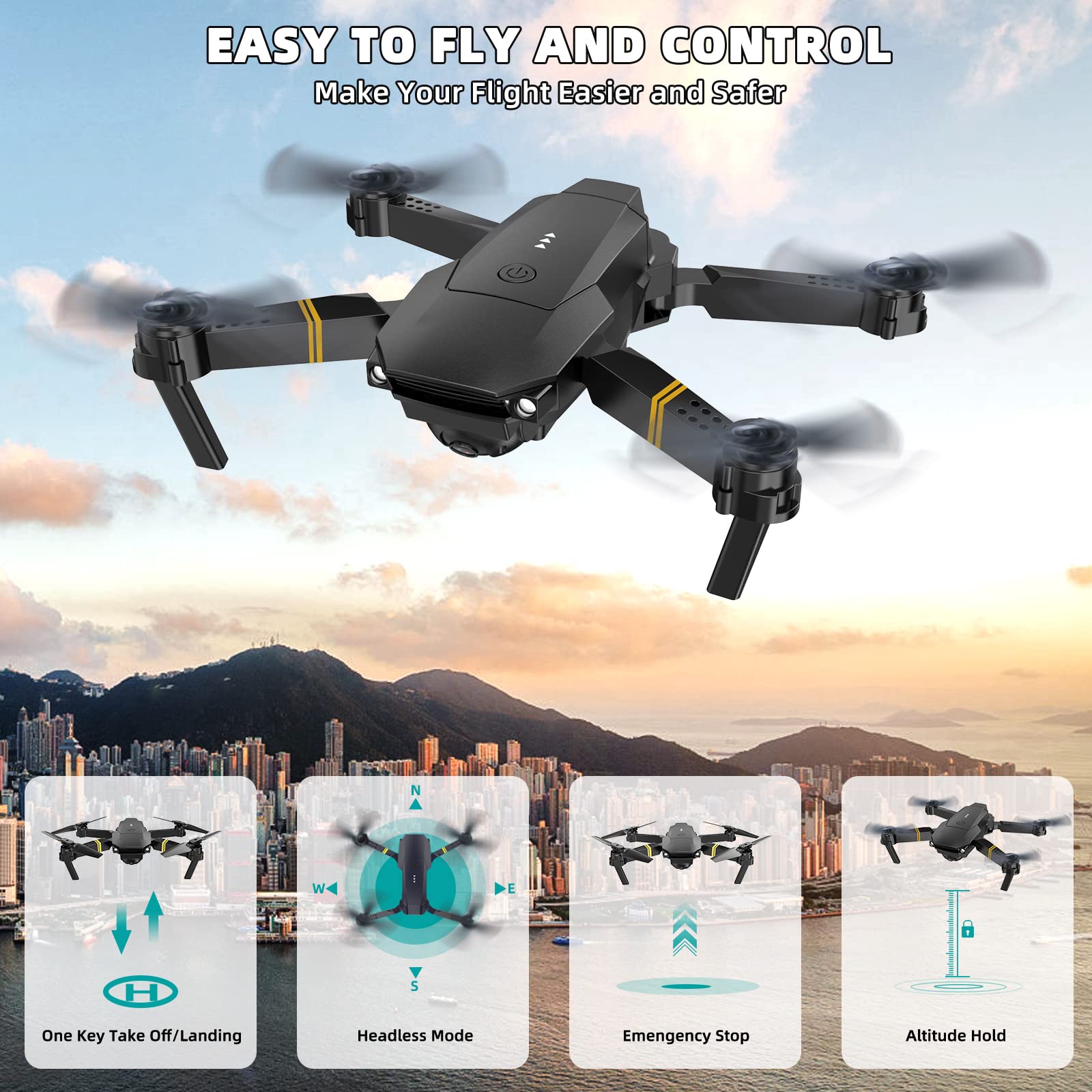 Drones for Adults with Cameras 4K, Drone with Camera 4k 1080 Foldable Drones for kids RC Quadcopter, Altitude Hold, FPV Drone Live Video, One Key Take Off, 3D Flip, Easter Gifts Toys for Girls/Boys, 3 Batteries